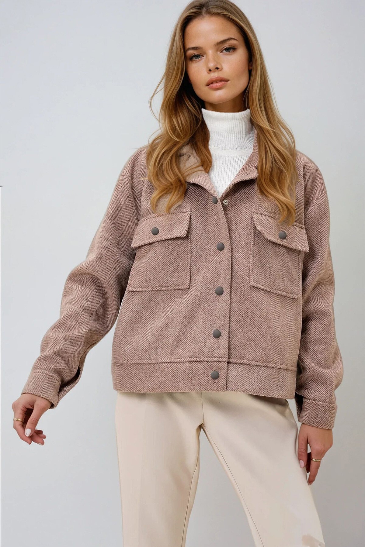 Sütlü Kahve İçi Astarlı Çift Cepli Kaşe Ceket