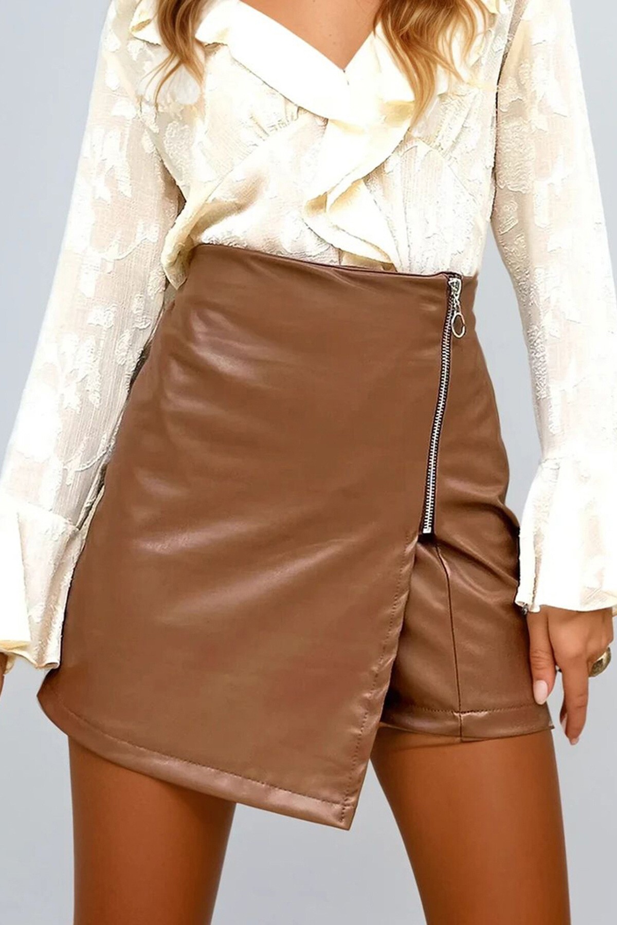 Taba Fermuar Detaylı Suni Deri Şort Etek