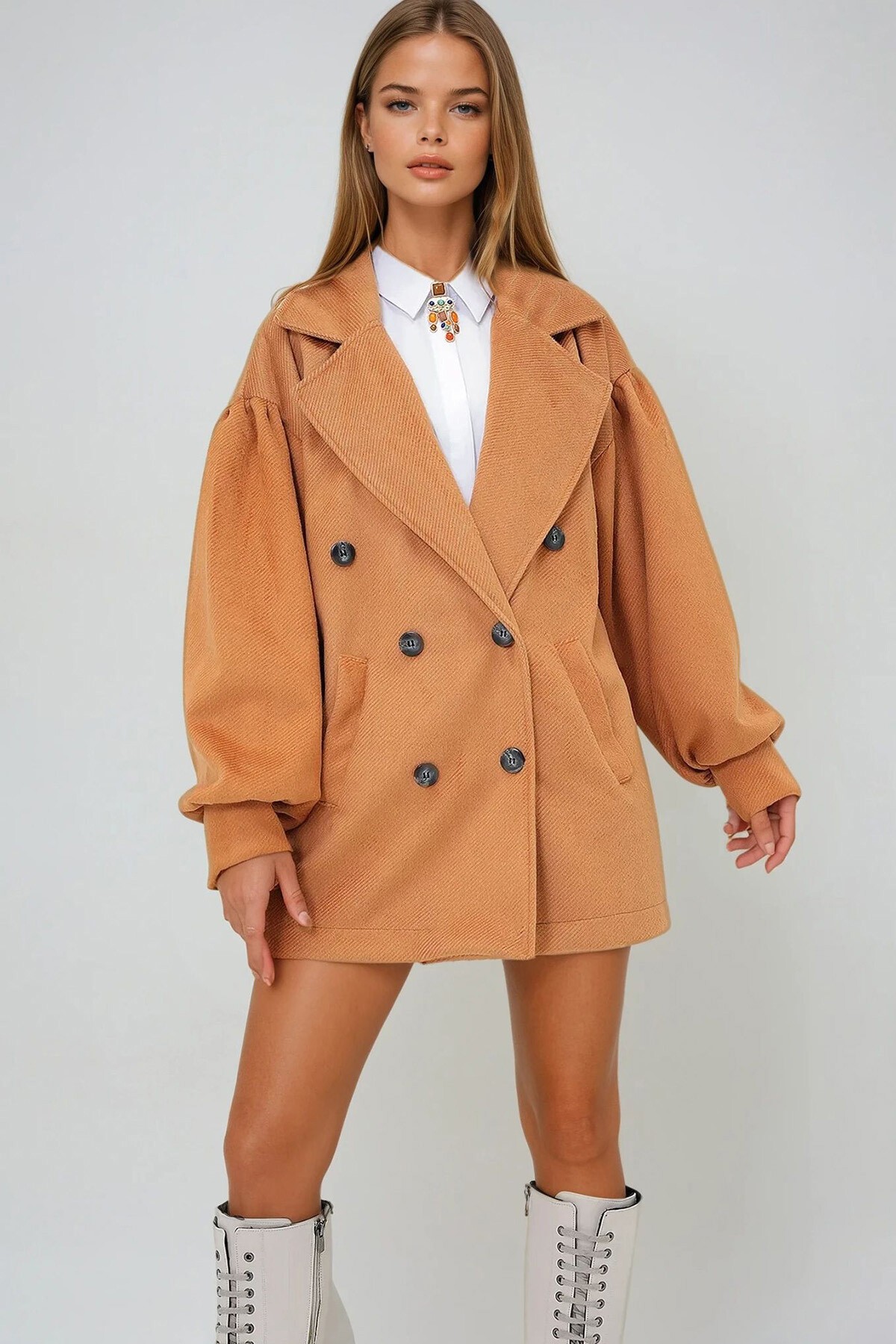 Taba Kruvaze Yaka Balon Kol Kaşe Kaban