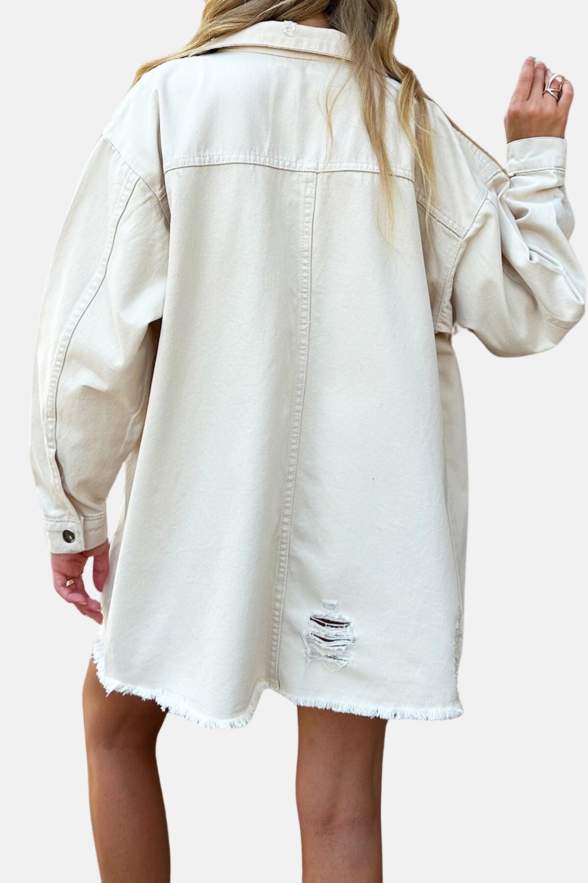 Taş Çift Cepli Eteği Püsküllü Oversize Denim Ceket