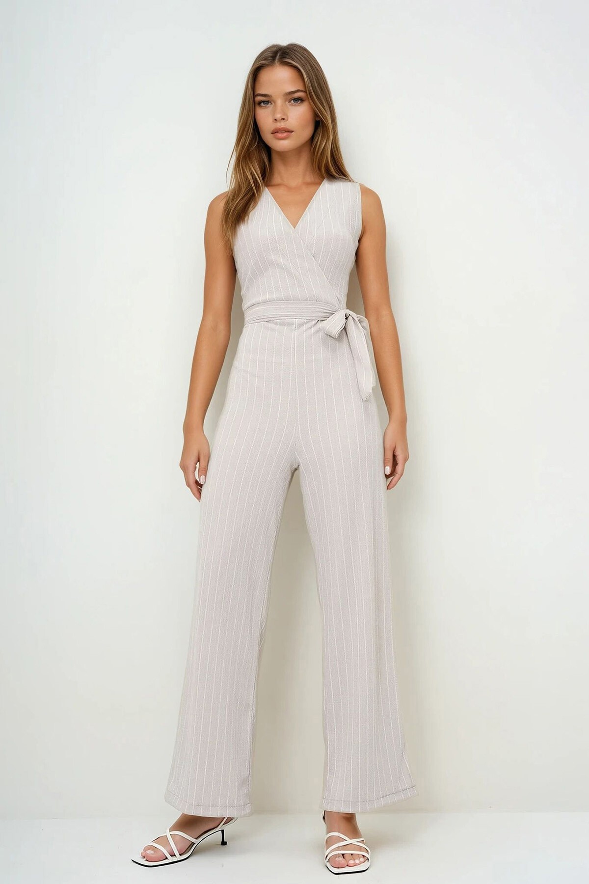 Taş Kruvaze Yaka Çizgili Kendinden Kuşaklı Tulum