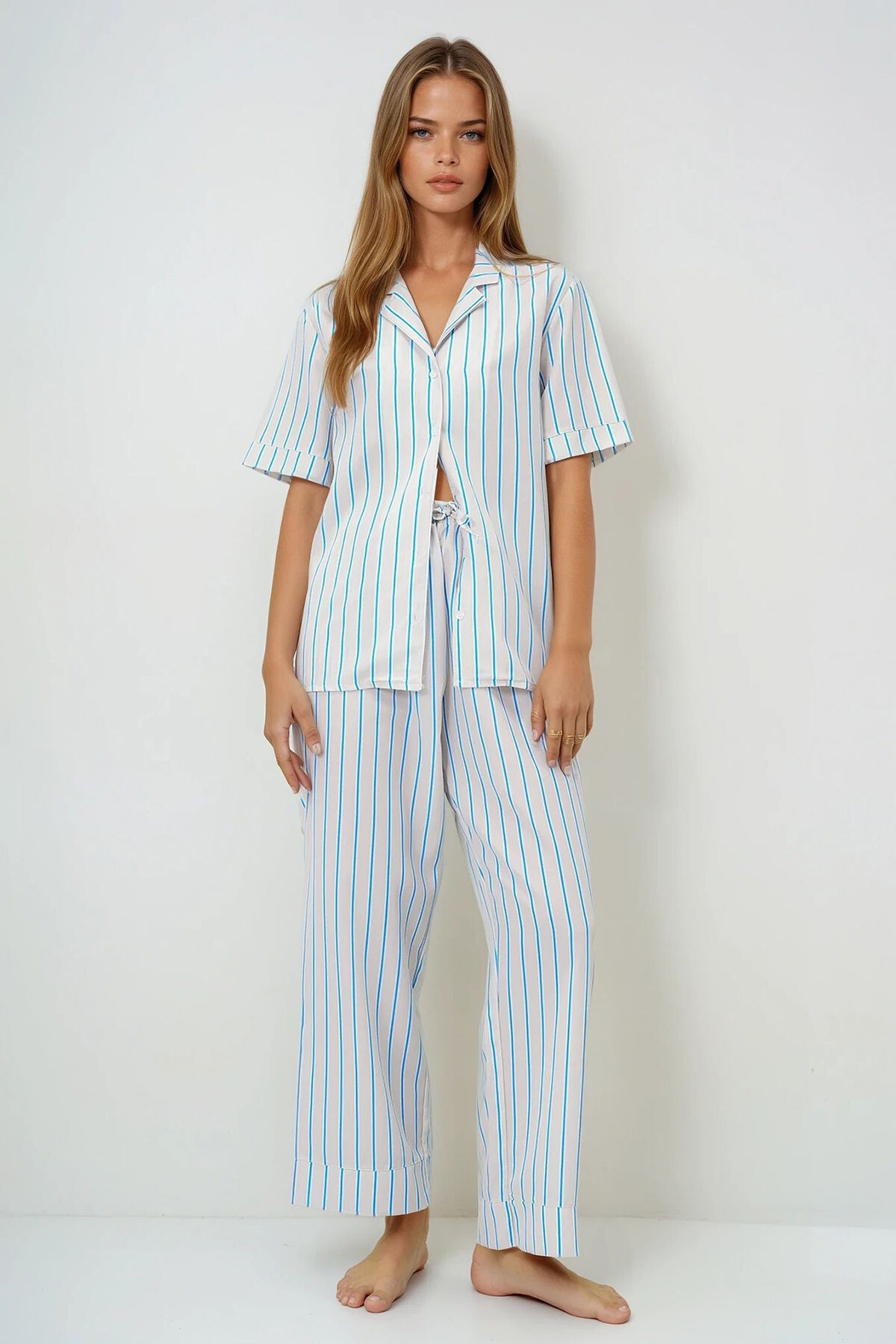 Tereyağı Sarısı Duble Kol Ve Paça Detaylı Çizgili Gömlek Ve Pantolonlu Pijama Takımı