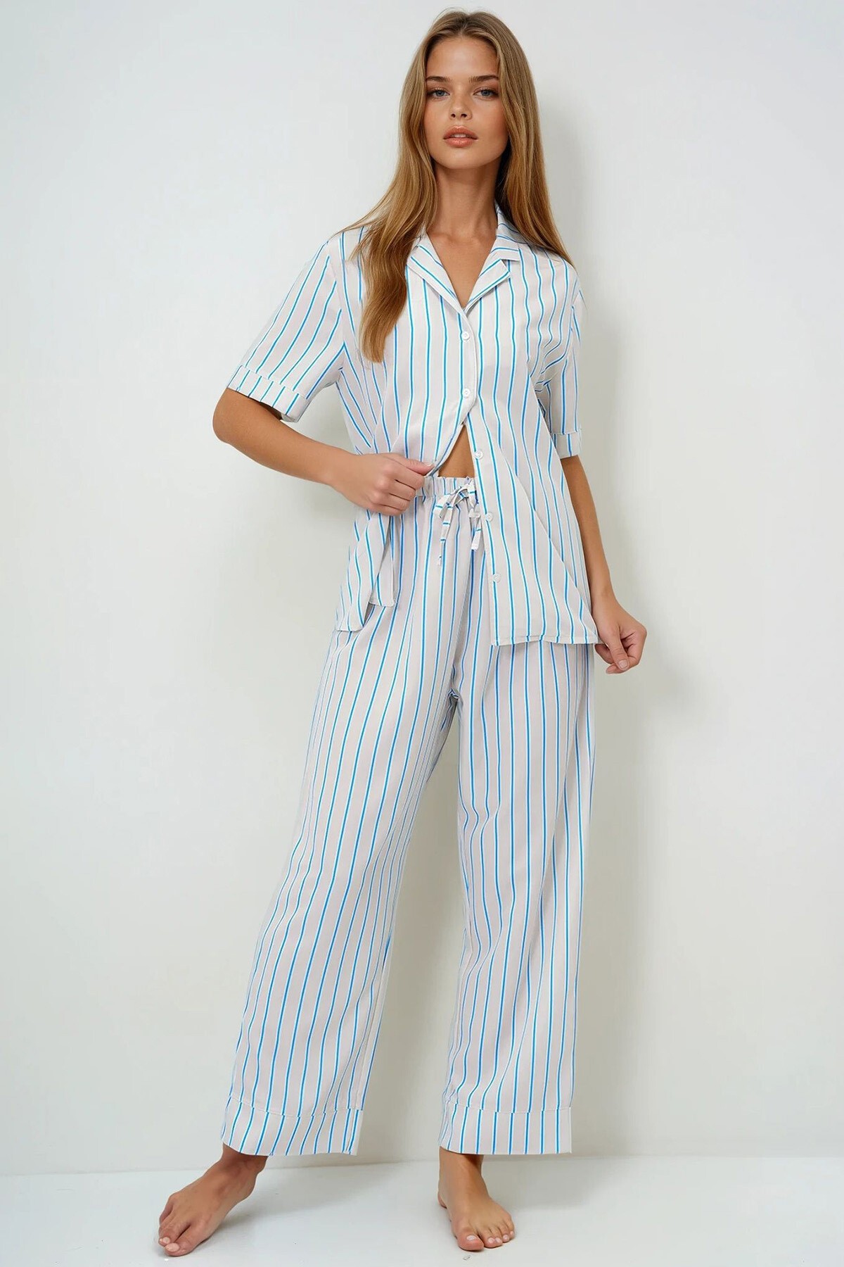 Tereyağı Sarısı Duble Kol Ve Paça Detaylı Çizgili Gömlek Ve Pantolonlu Pijama Takımı