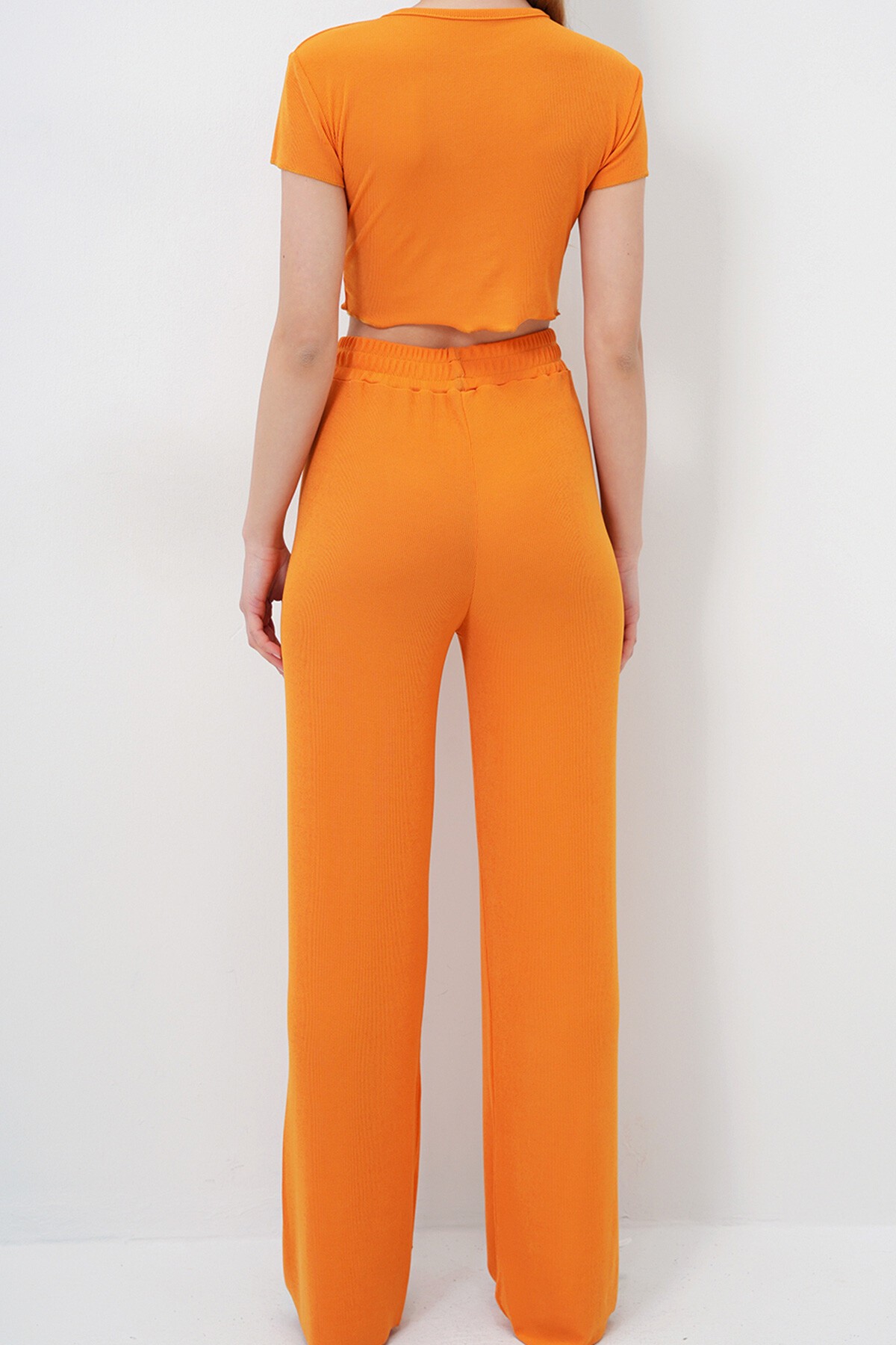 Turuncu Bisiklet Yaka Crop Bluz, Şort Ve Pantolonlu 3 Lü Set Pijama Takımı