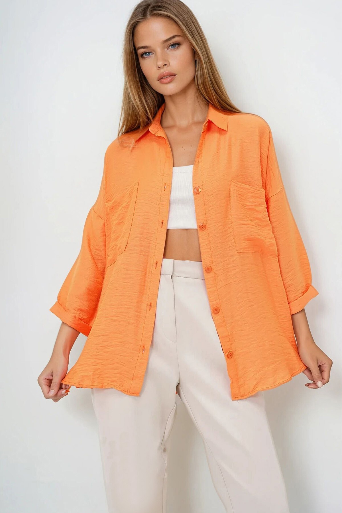 Turuncu Çift Cepli Oversize Dokuma Gömlek