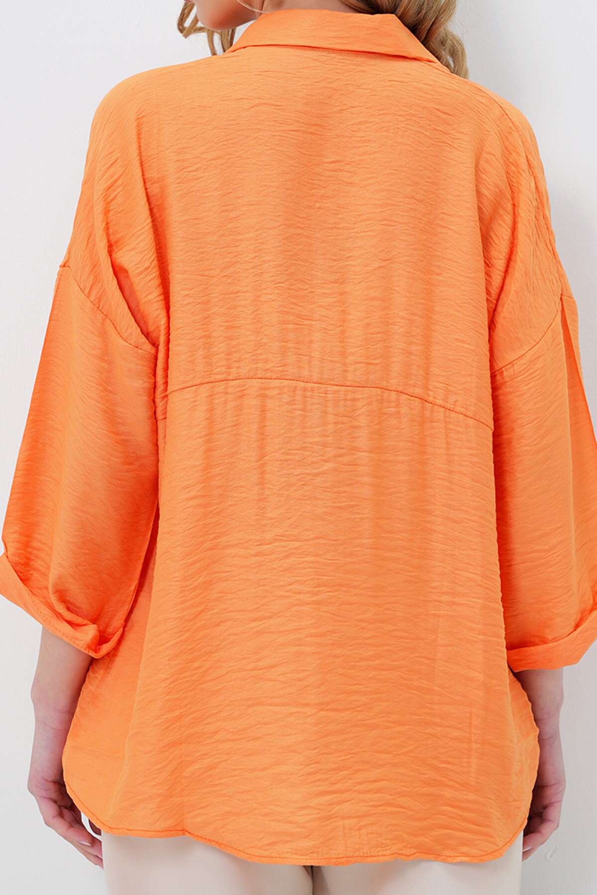 Turuncu Çift Cepli Oversize Dokuma Gömlek