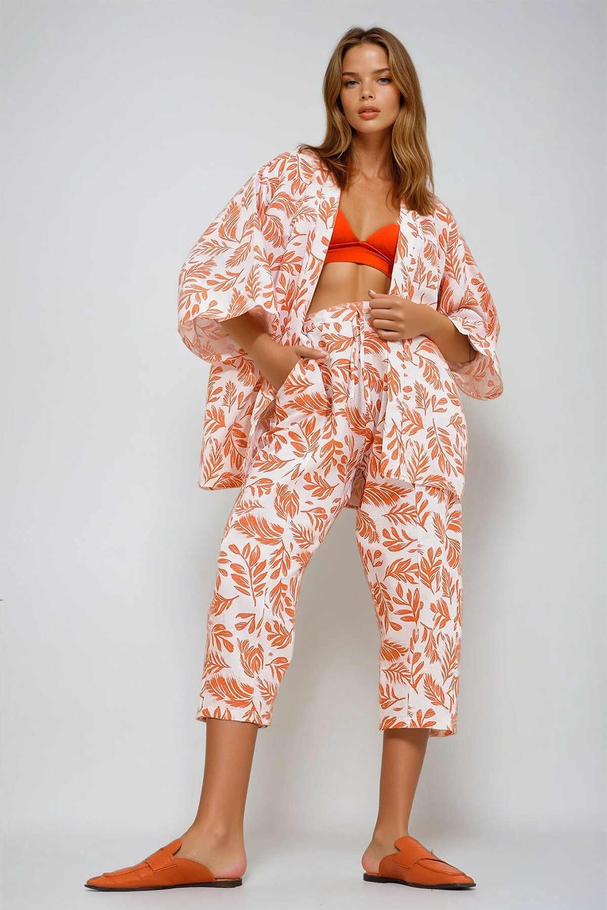 Turuncu Desenli Kimono Ceket Ve Pantolonlu Keten Dokuma Alt Üst Takım