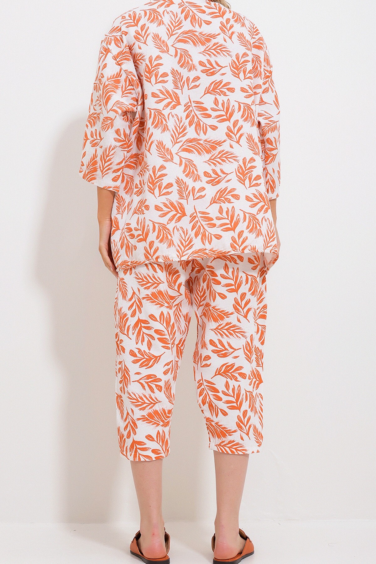 Turuncu Desenli Kimono Ceket Ve Pantolonlu Keten Dokuma Alt Üst Takım