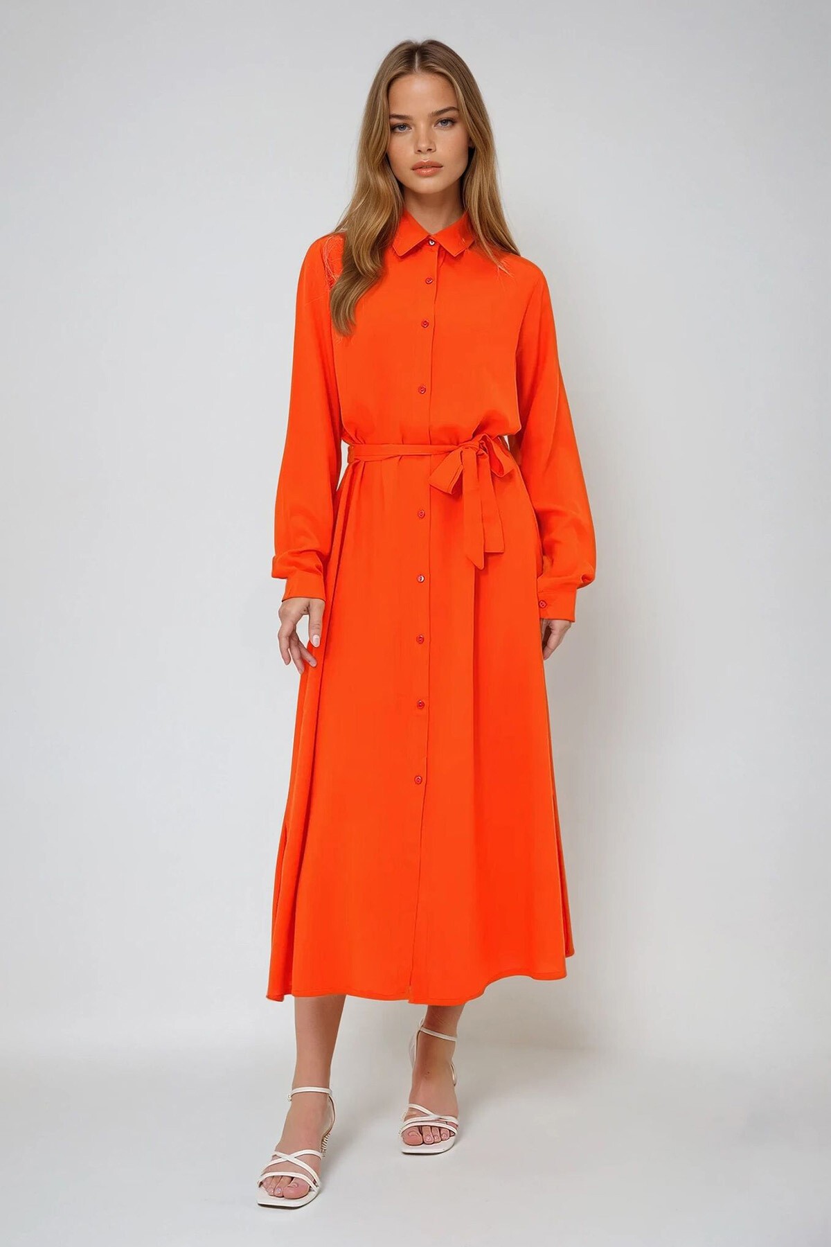 Turuncu Dokuma Viskon Gömlek Elbise