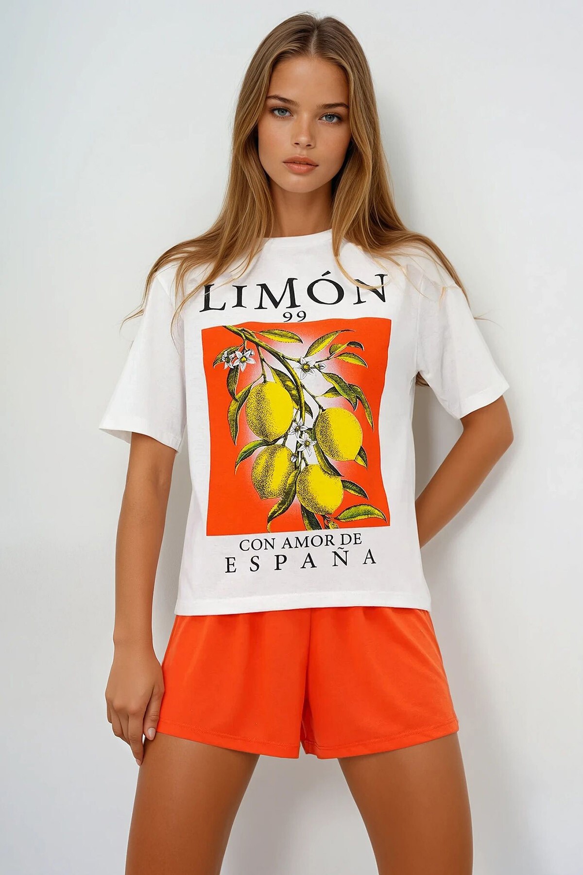 Turuncu Limon Baskılı Pamuklu Basic T Shırt Ve Şortlu Pijama Takımı