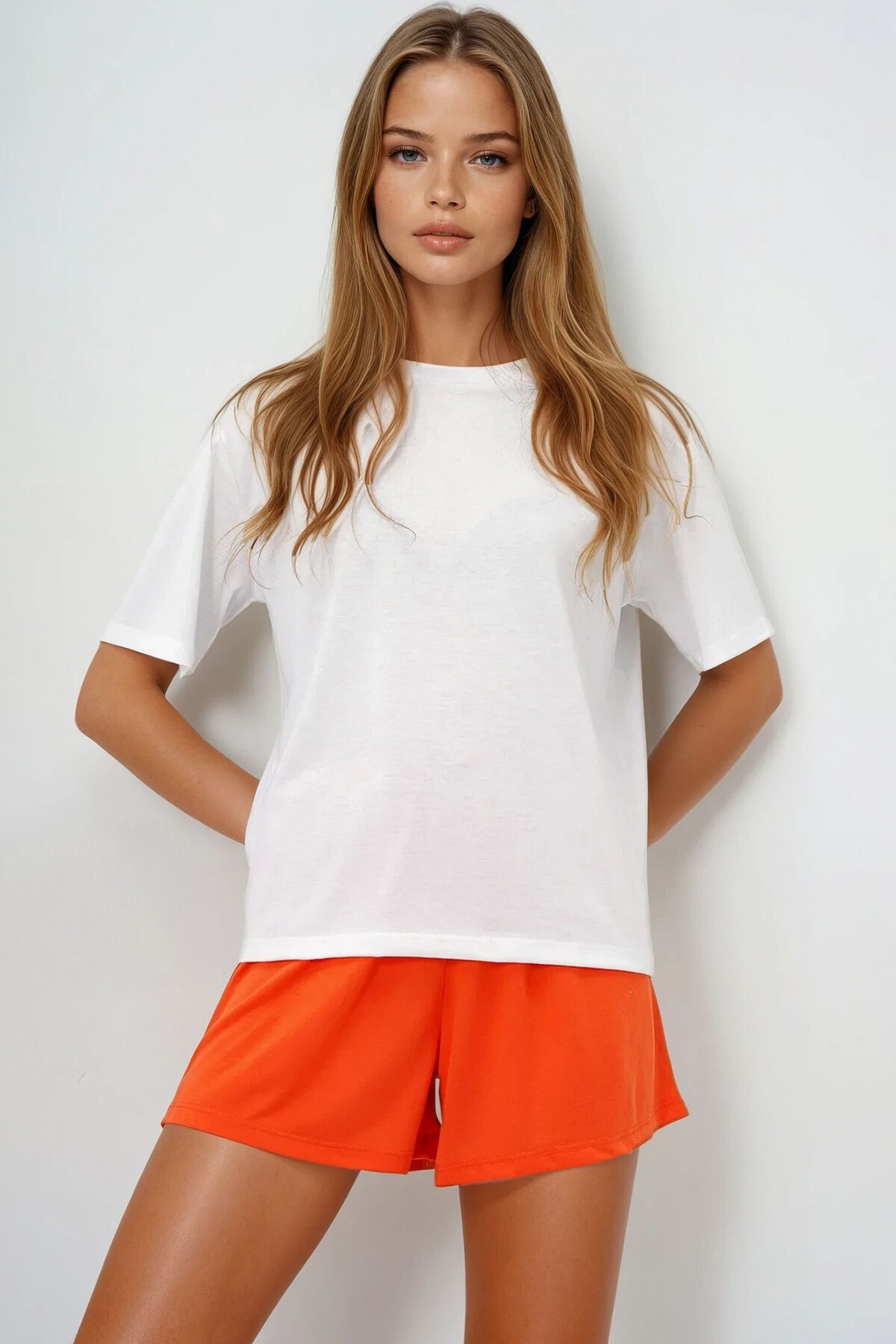 Turuncu Pamuklu Basic T Shırt Ve Bağlamalı Şortlu Penye Alt Üst Takım