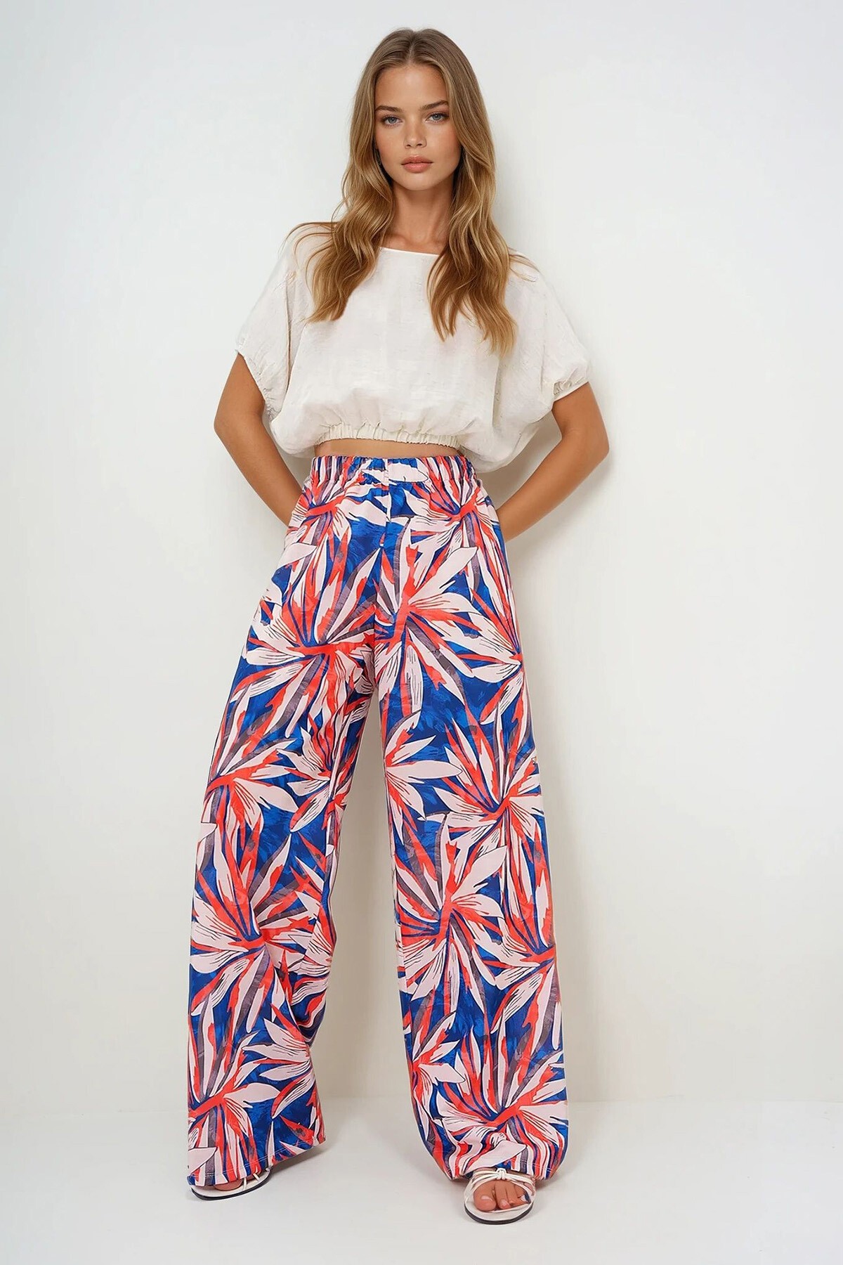 Turuncu Saks Beli Lastikli Desenli  Geniş Paça Pantolon