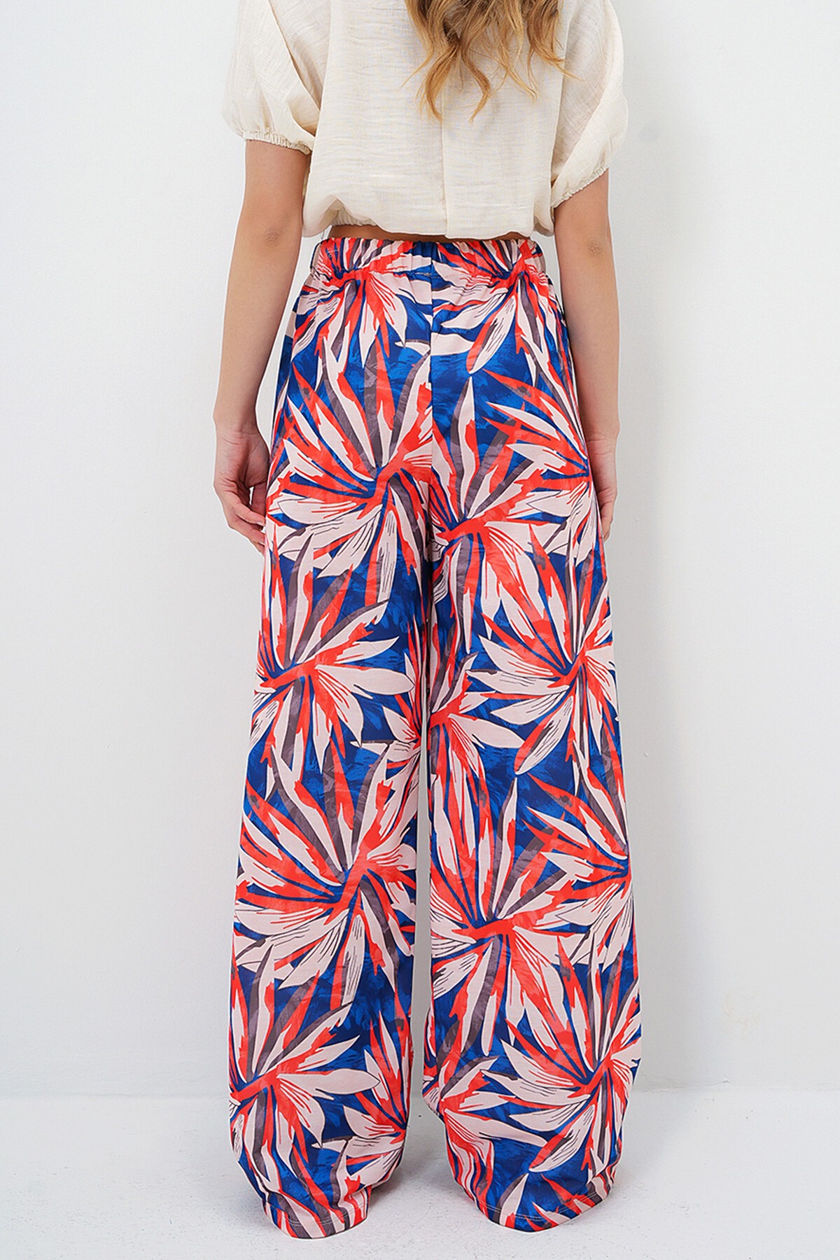 Turuncu Saks Beli Lastikli Desenli  Geniş Paça Pantolon