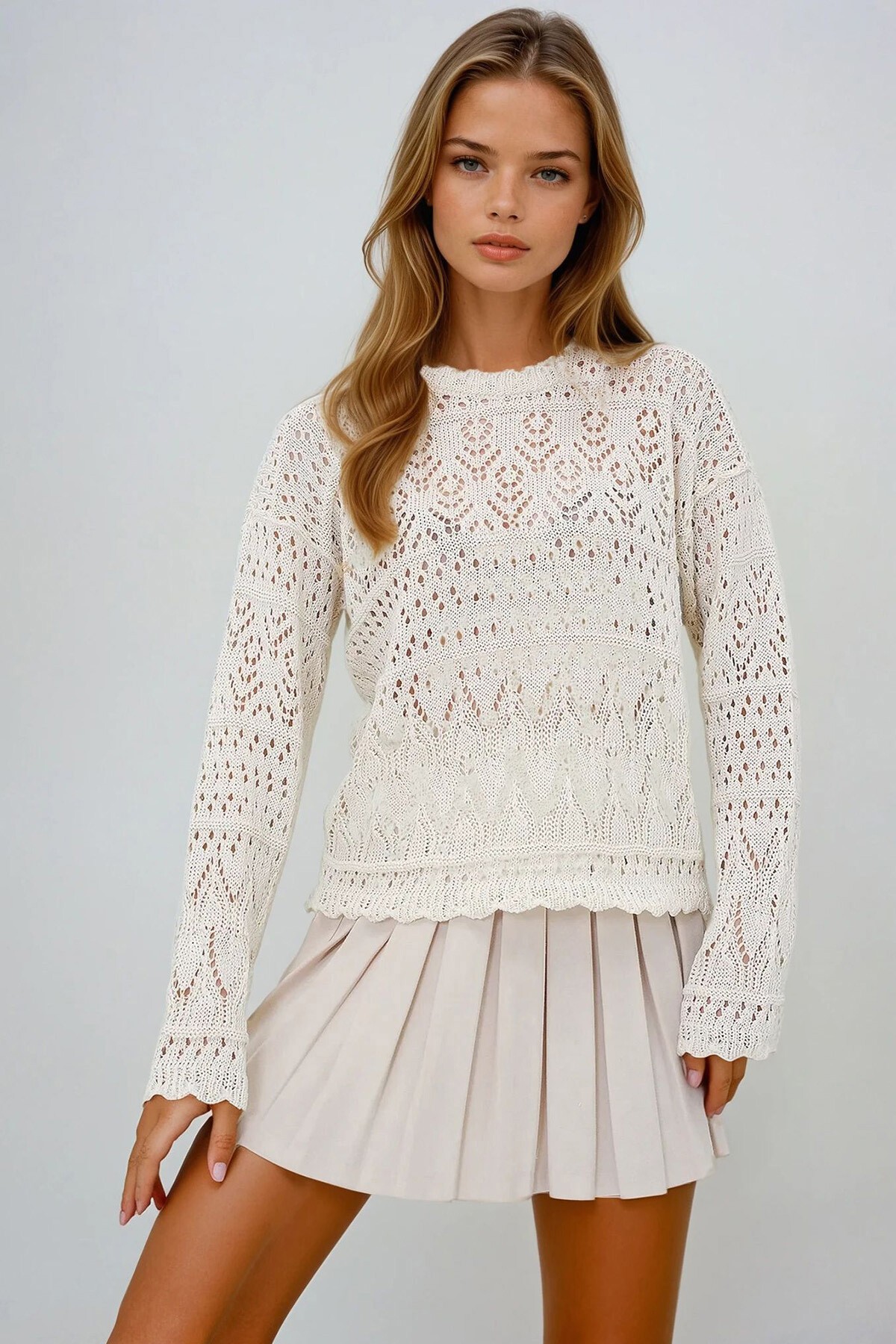 Vanilya Delik Ajurlu Motifli Yazlık Triko Bluz