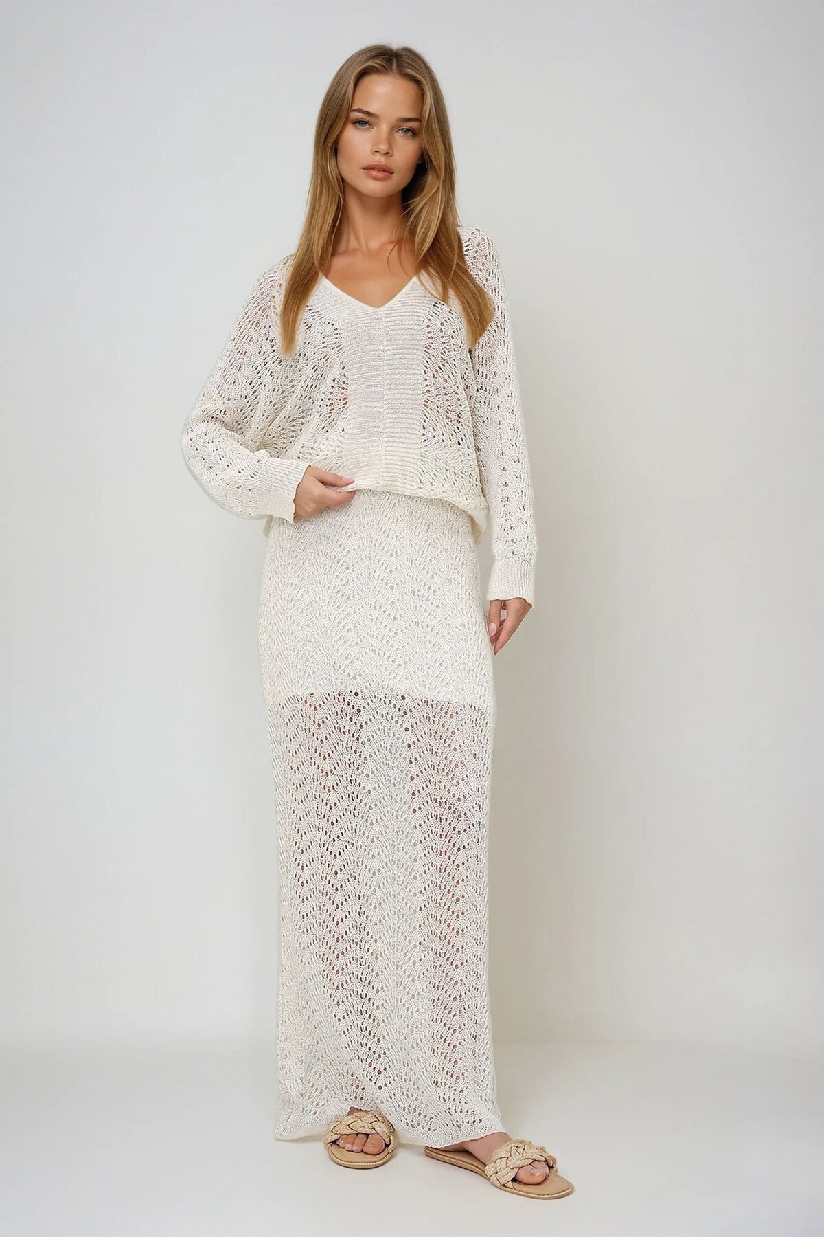 Vanilya Ön Arka V Yaka İçi Astarlı Maxi Boy Yazlık Triko Elbise