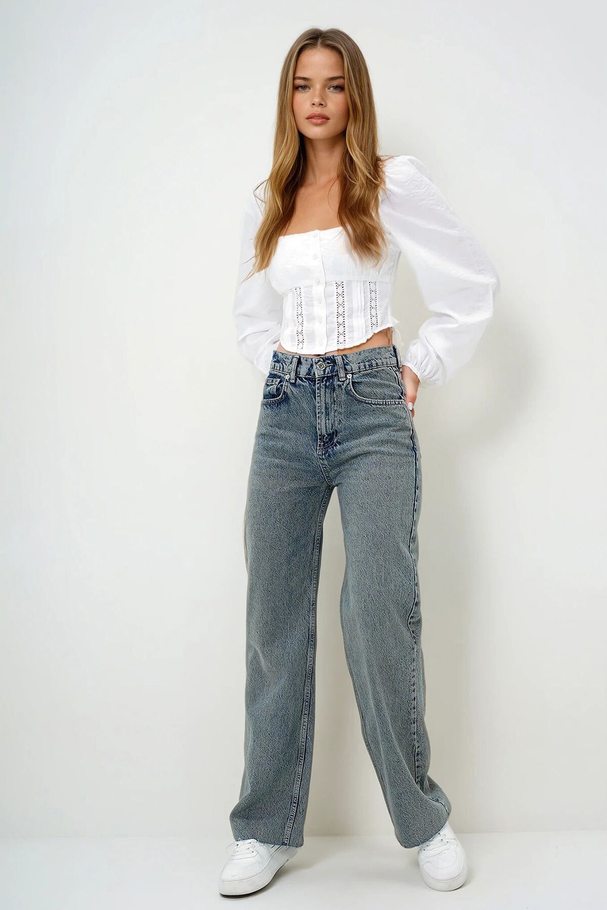 Vintage Mavi Yüksek Bel Yıkamalı Paçası Püsküllü Palazzo Jean Pantolon