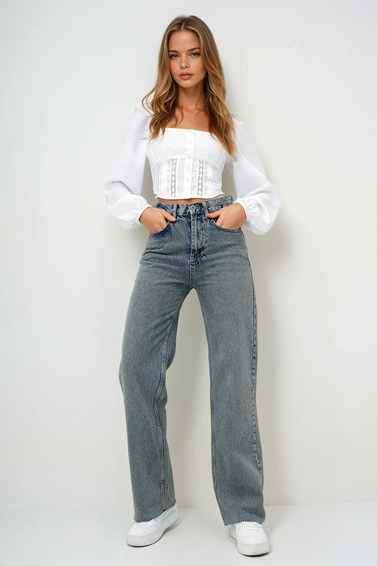 Vintage Mavi Yüksek Bel Yıkamalı Paçası Püsküllü Palazzo Jean Pantolon