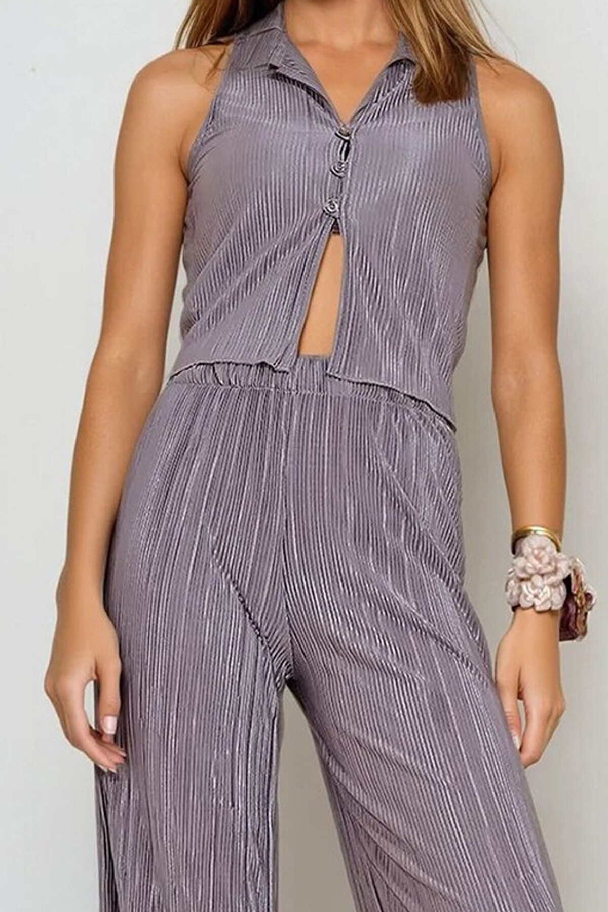 Vizon Pileli Gömlek Ve Palazzo Pantolon İkili Takım