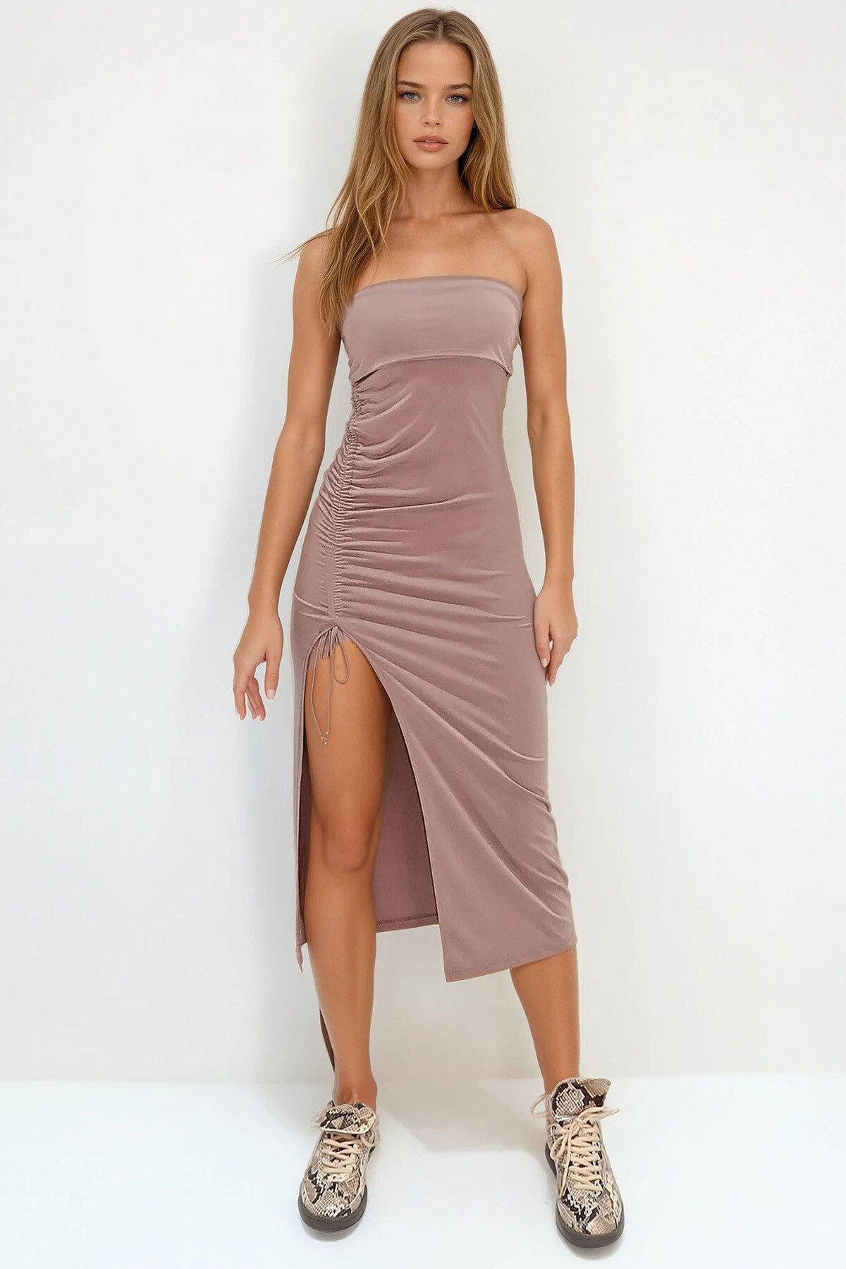 Vizon Straplez Ayarlanabilir Büzgü Detaylı Elbise