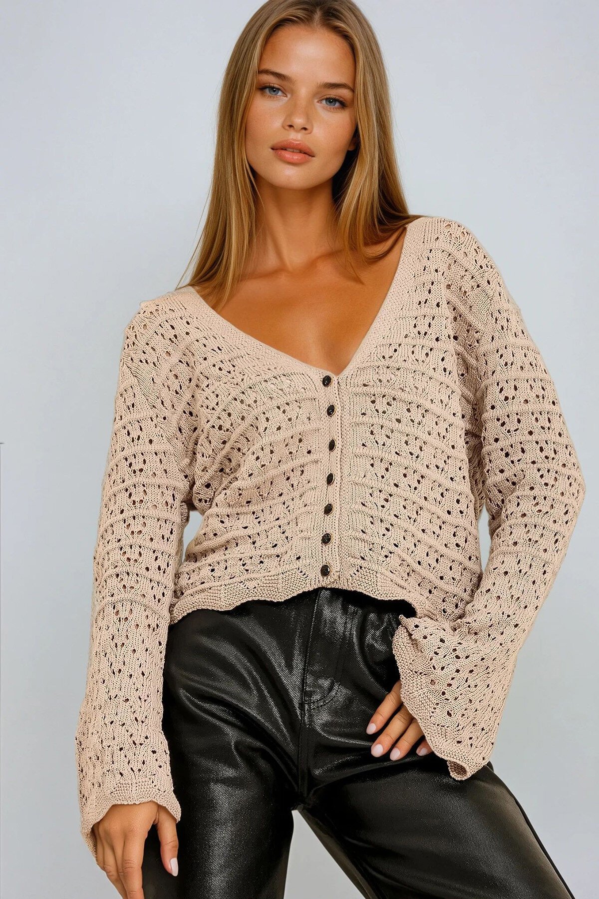 Vizon V Yaka Ajurlu Triko Hırka