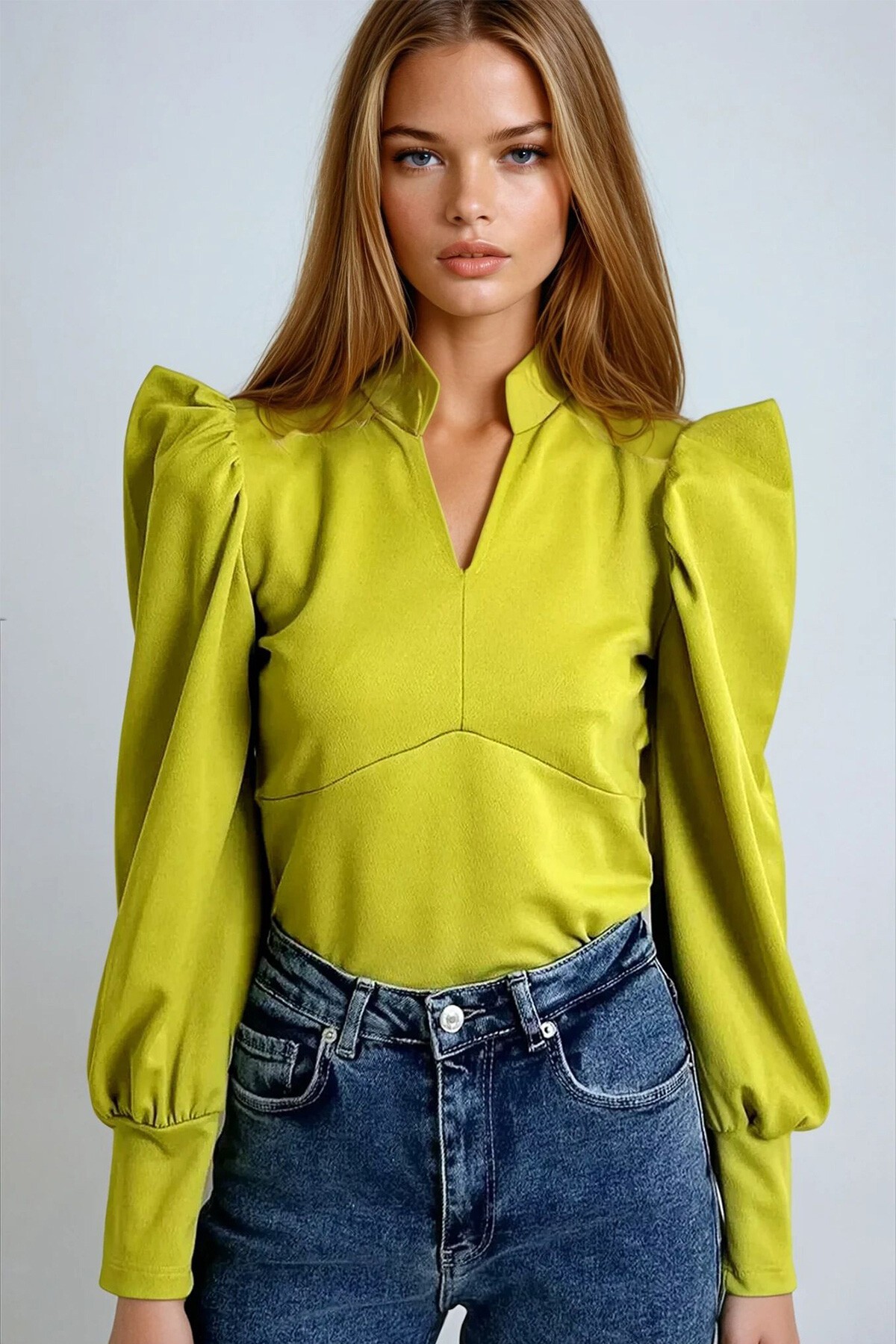 Yağ Yeşili Hakim Yaka Prenses Kol Dokuma Crop Bluz