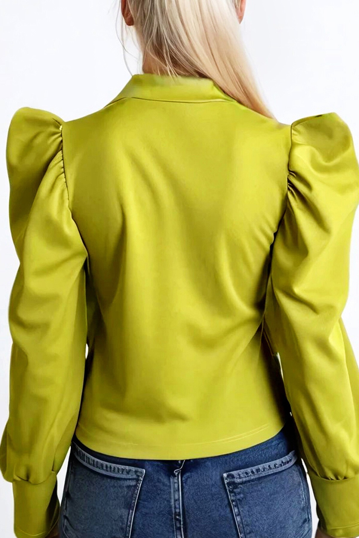 Yağ Yeşili Hakim Yaka Prenses Kol Dokuma Crop Bluz