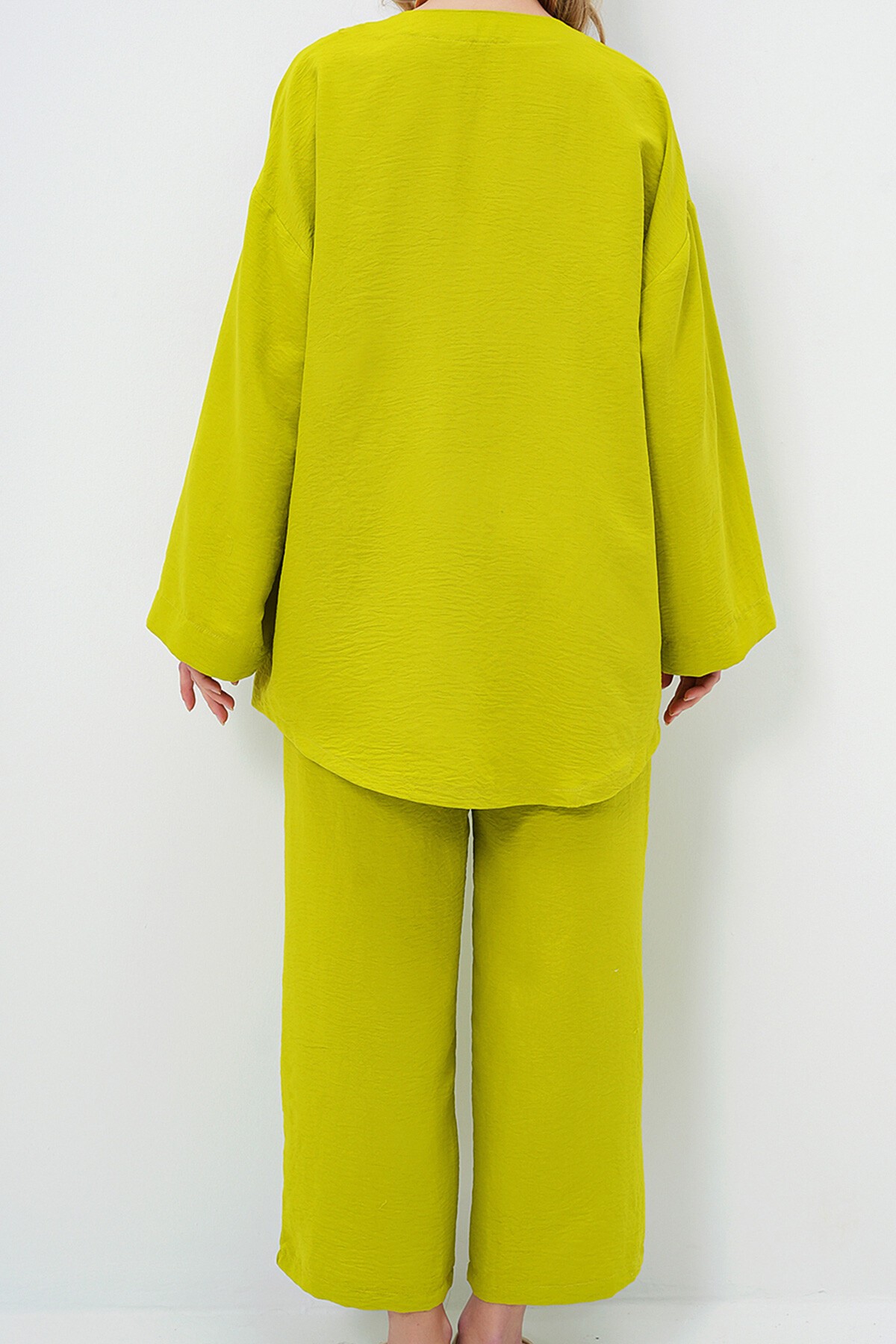 Yağ Yeşili Önü Bağcıklı Kimono Ceket Ve Palazzo Pantolon Takım