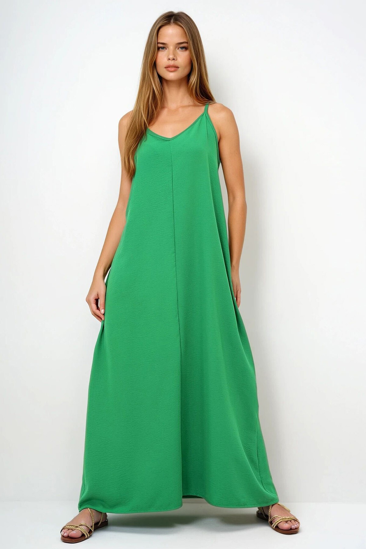 Yeşil Ayarlanabilir Askılı V Yaka Aerobin Yazlık Elbise