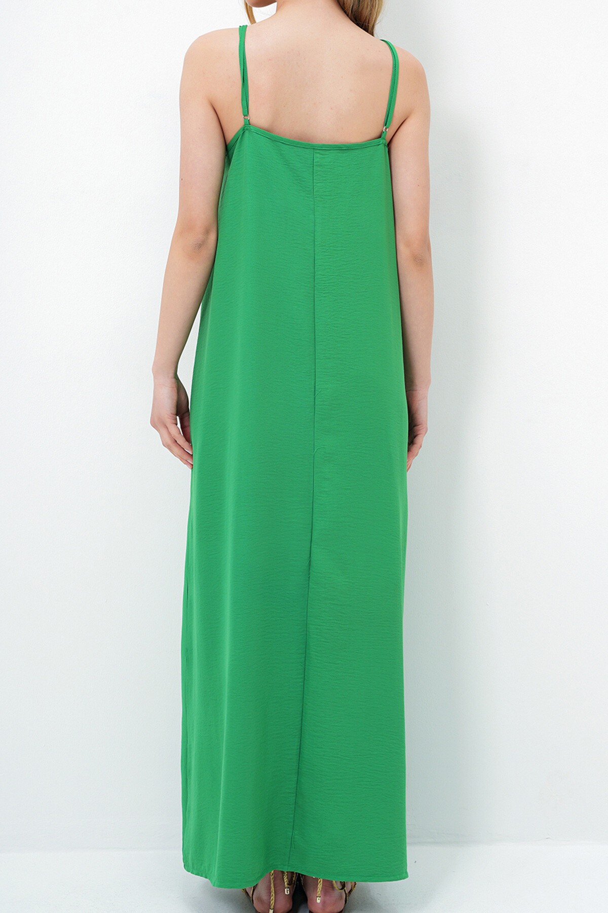 Yeşil Ayarlanabilir Askılı V Yaka Aerobin Yazlık Elbise