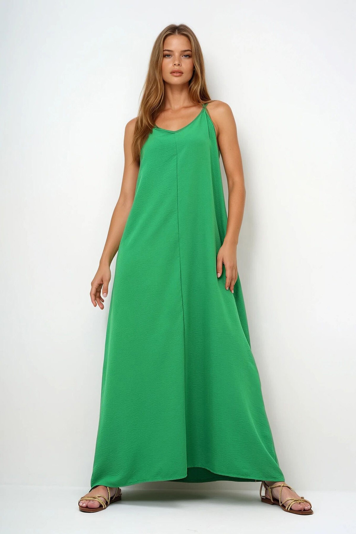 Yeşil Ayarlanabilir Askılı V Yaka Aerobin Yazlık Elbise