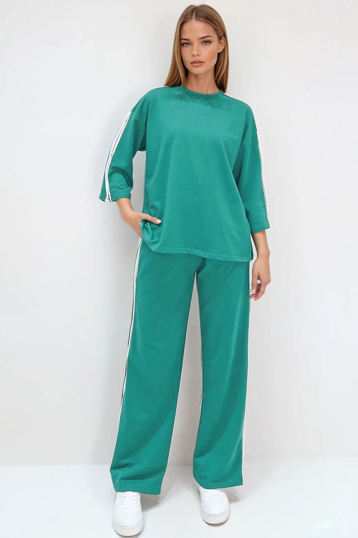 Yeşil Bisiklet Yaka Çıtçıt Kapamalı İli İplik Eşofman Takım