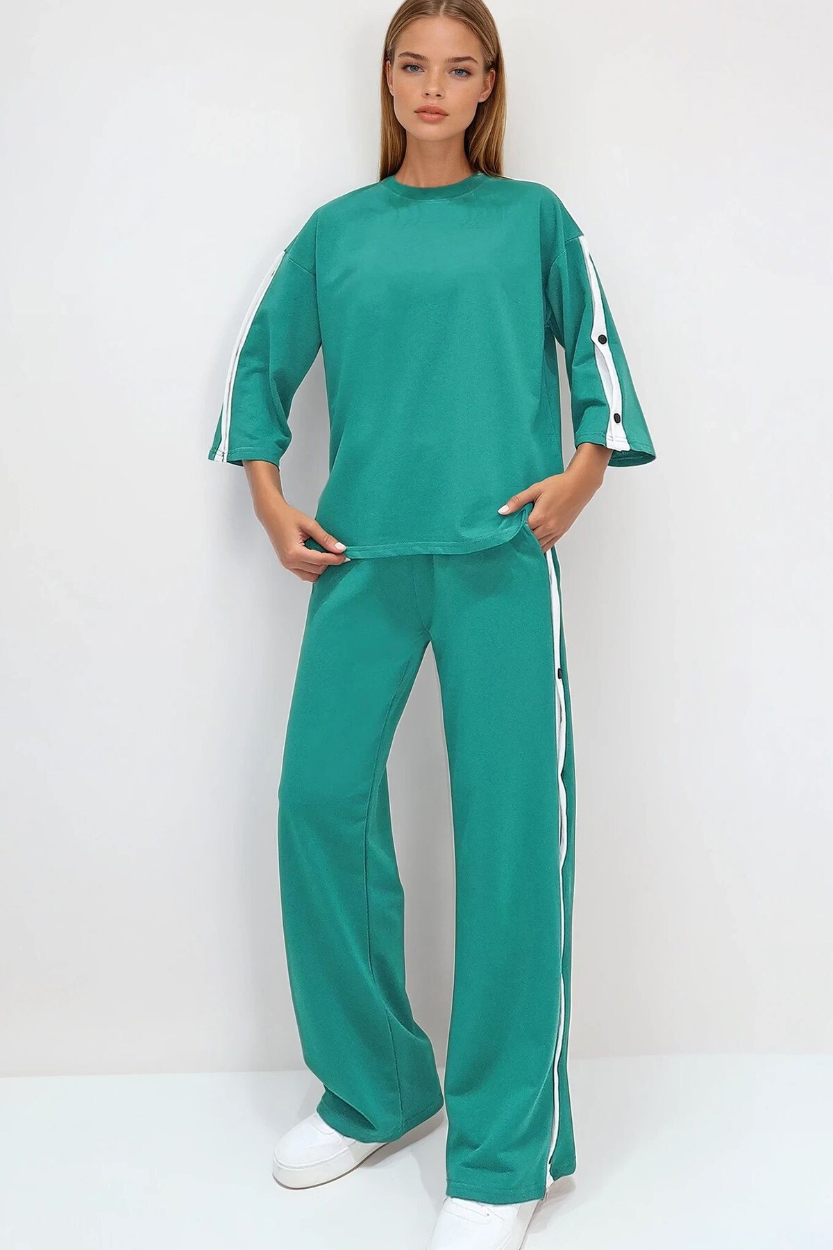 Yeşil Bisiklet Yaka Çıtçıt Kapamalı İli İplik Eşofman Takım