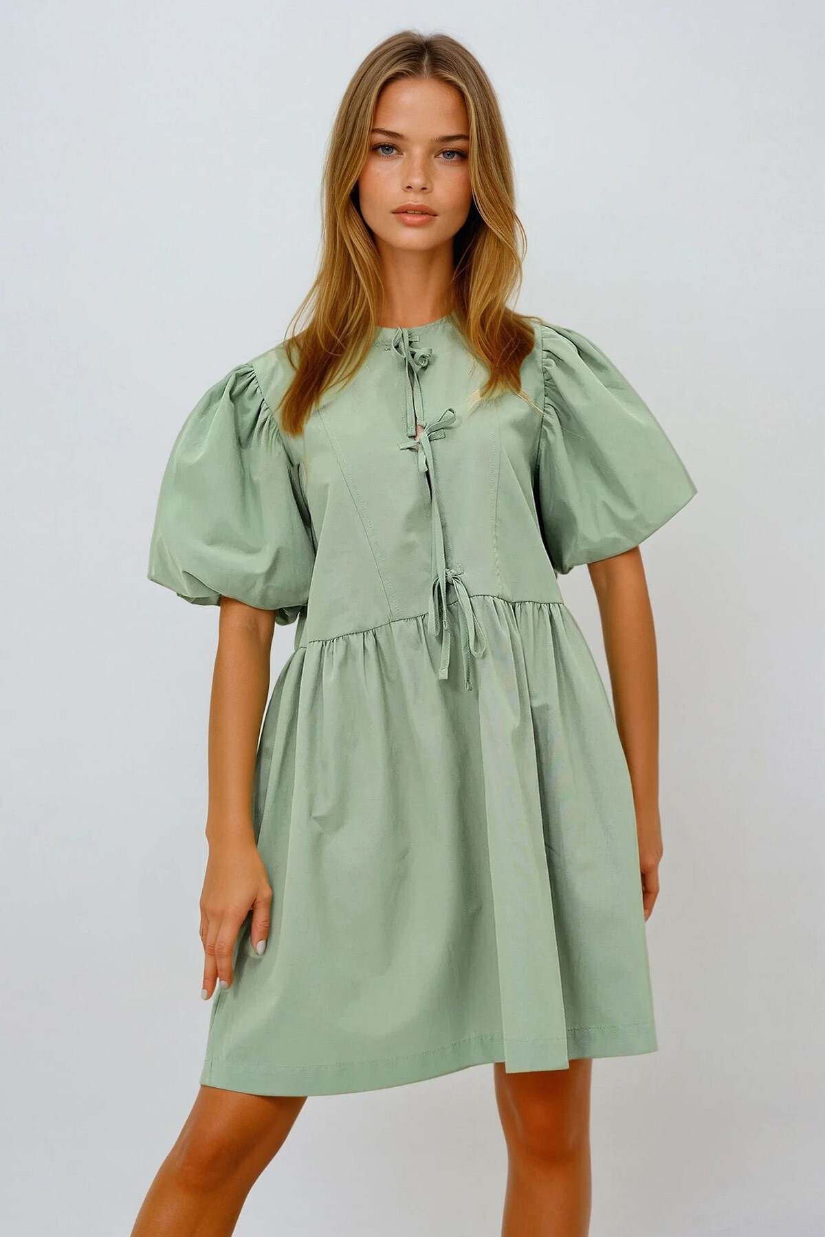 Yeşil Bisiklet Yaka Önden Bağlamalı Balon Kol Poplin Yazlık Elbise