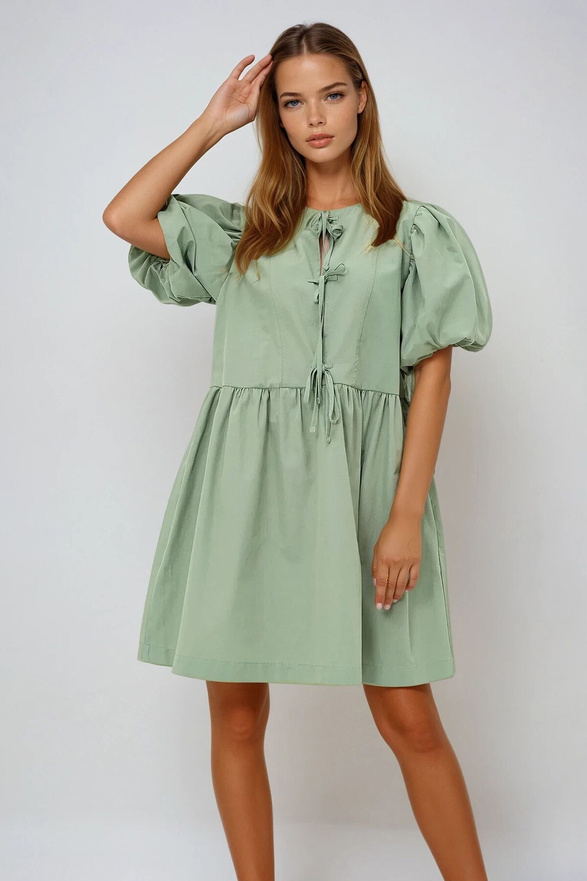 Yeşil Bisiklet Yaka Önden Bağlamalı Balon Kol Poplin Yazlık Elbise