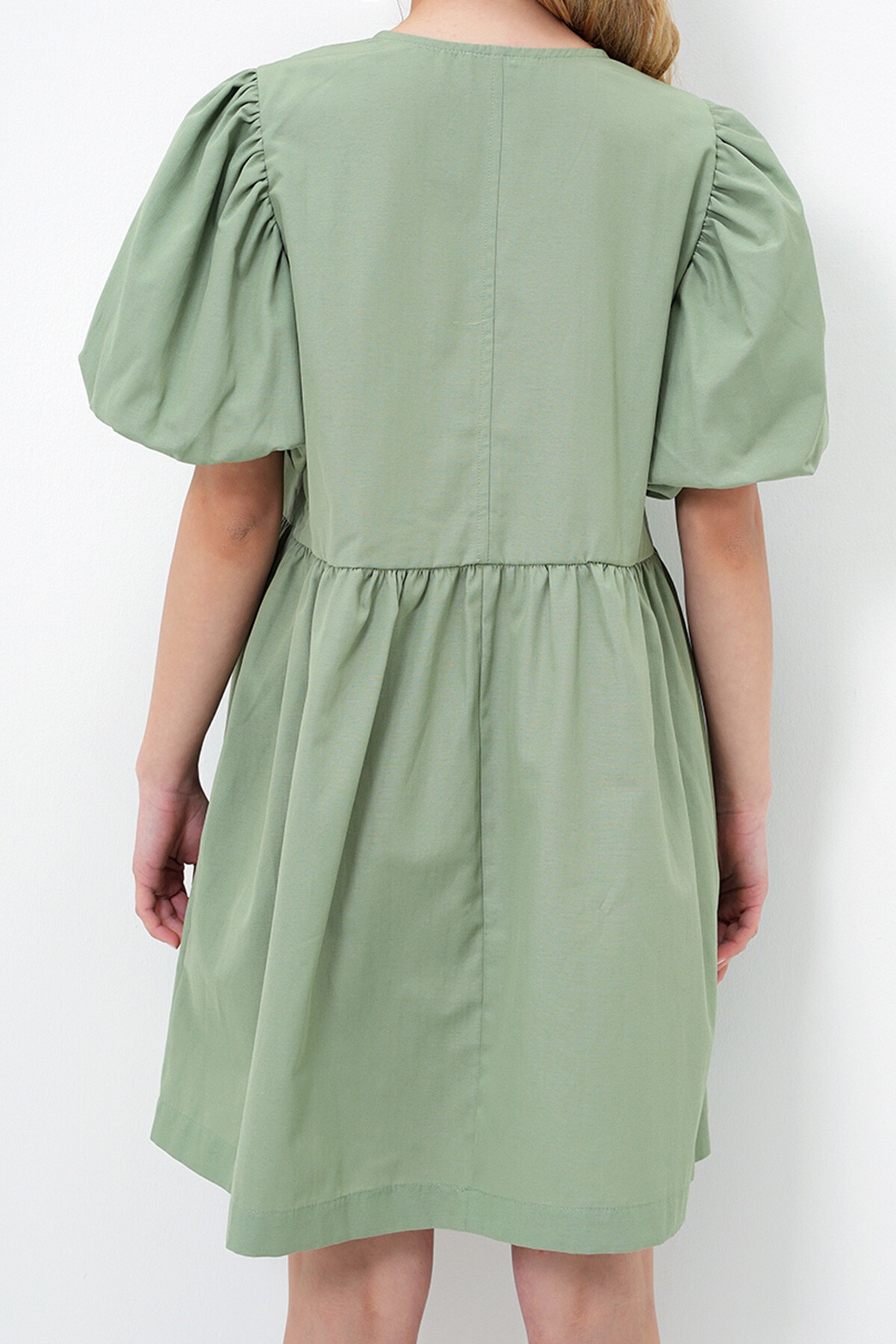 Yeşil Bisiklet Yaka Önden Bağlamalı Balon Kol Poplin Yazlık Elbise