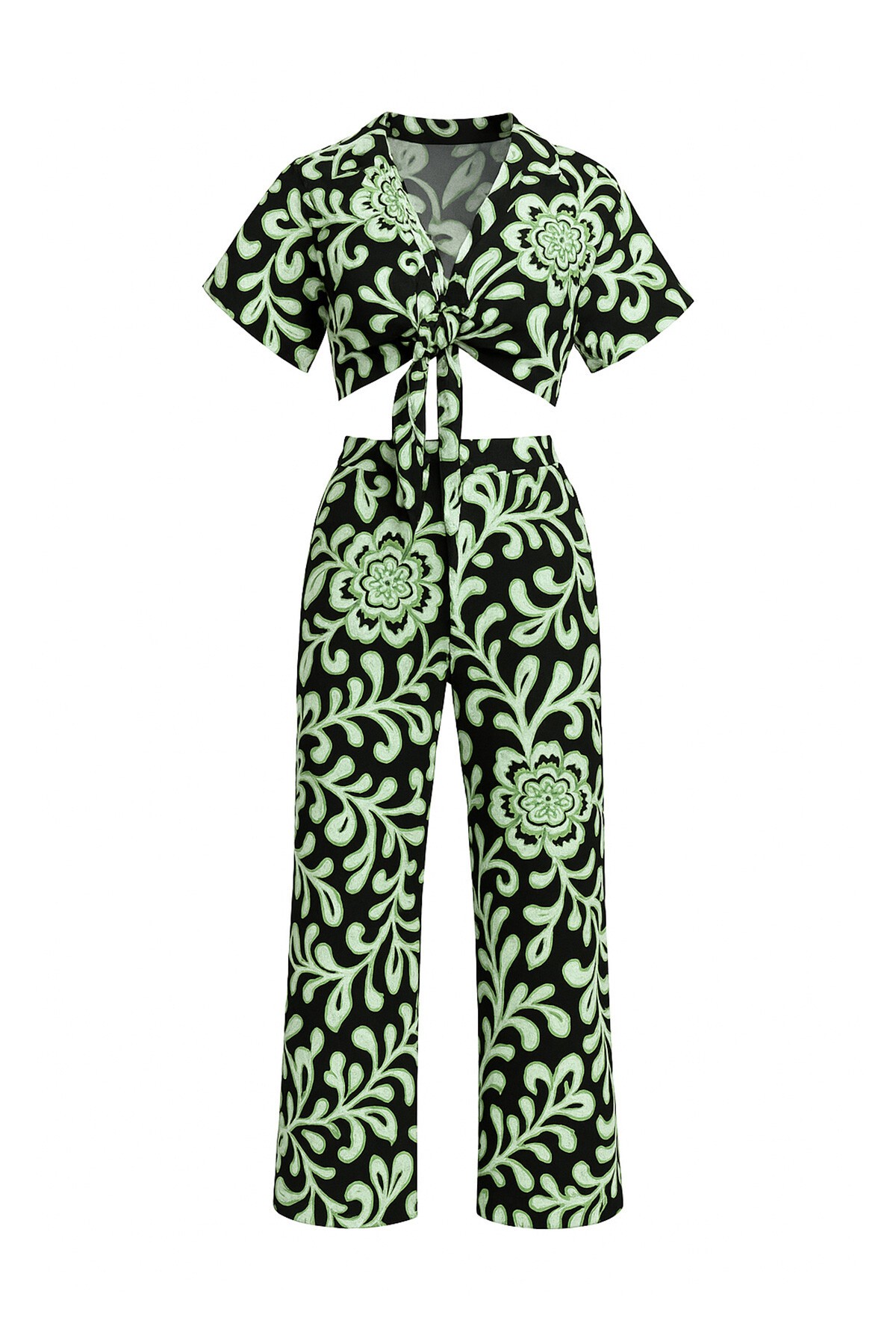 Yeşil Desenli Bağlamalı Crop Bluz Ve Cepli Pantolon Alt Üst Dokuma Takım