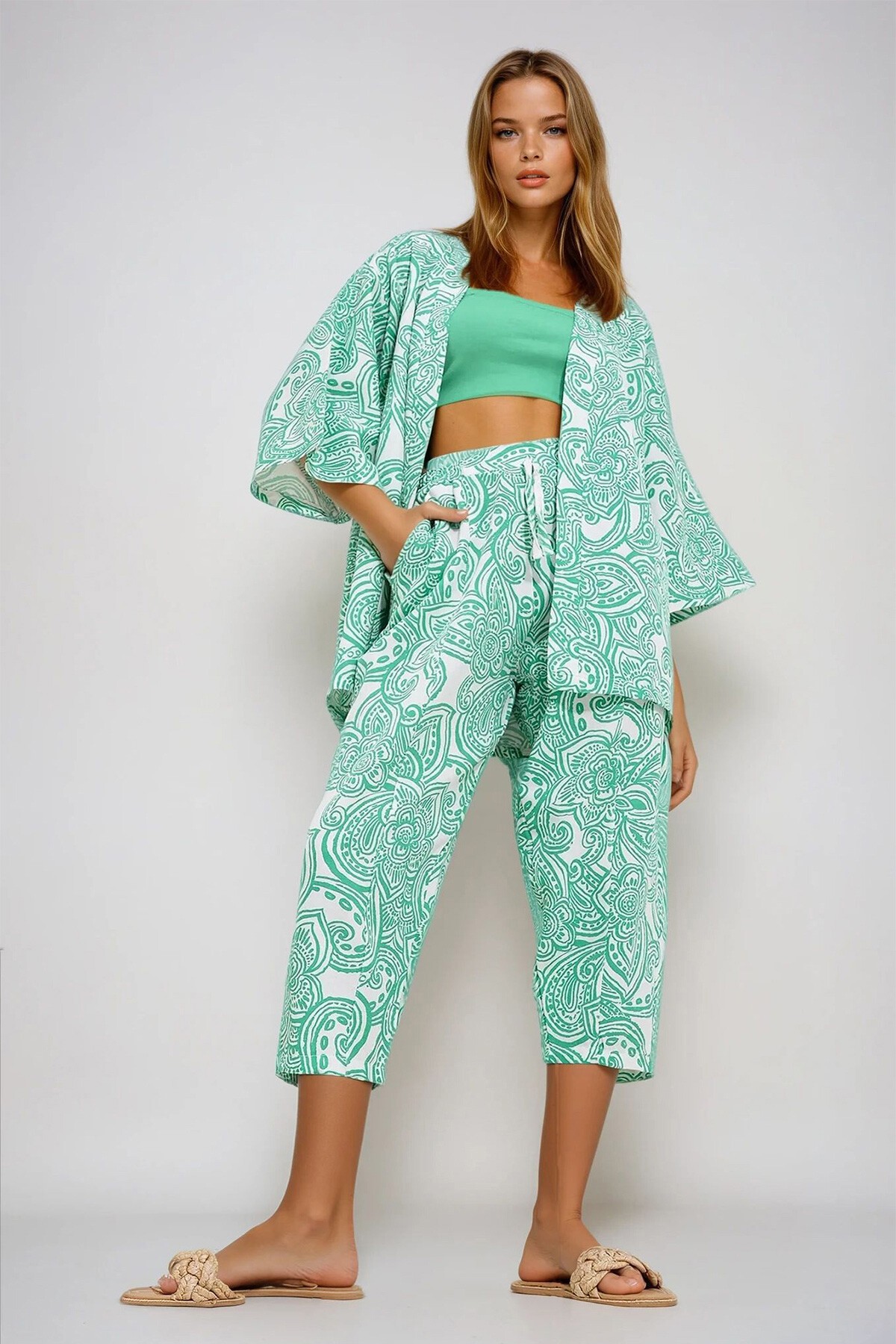 Yeşil Desenli Kimono Ceket Ve Pantolonlu Keten Dokuma Alt Üst Takım
