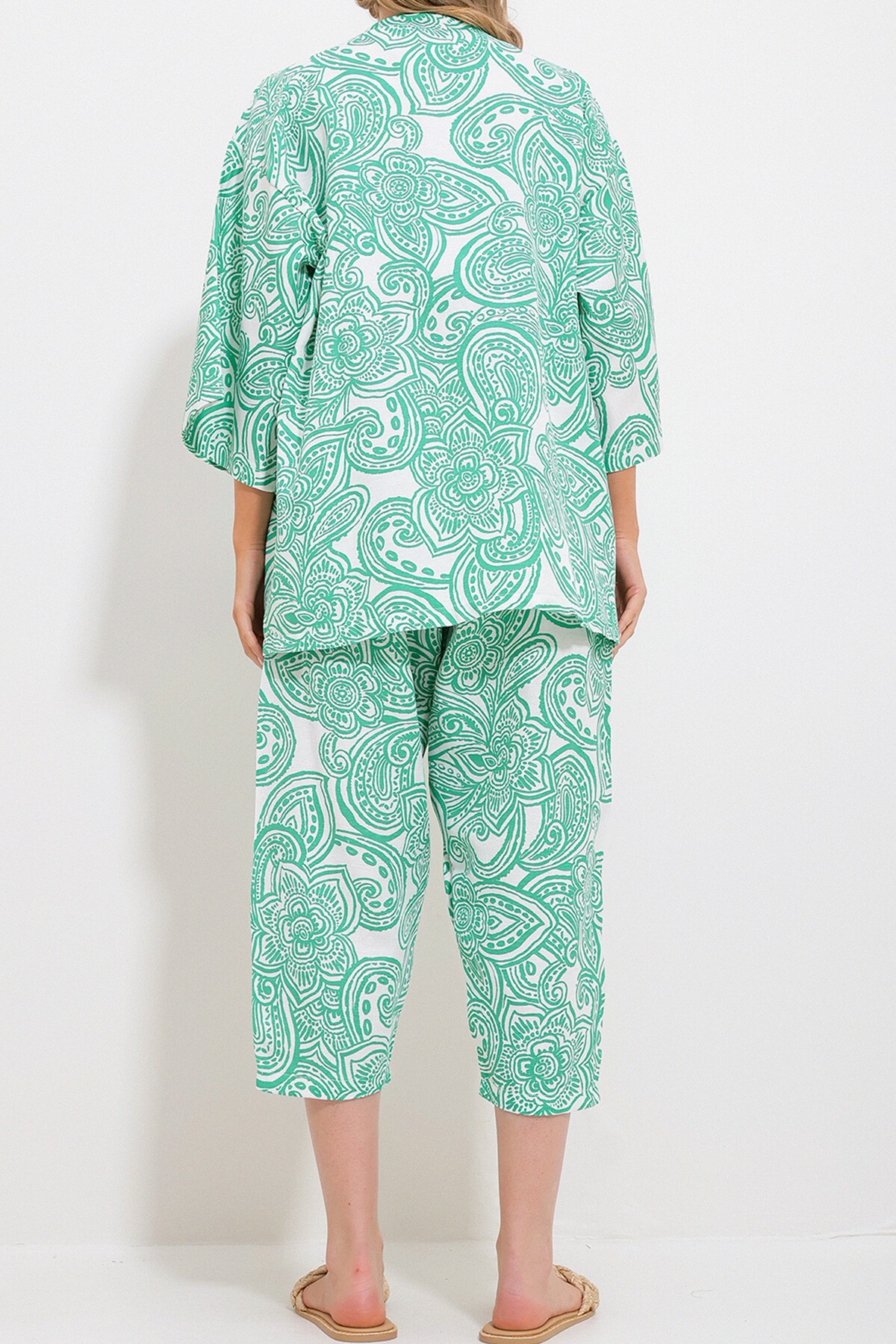 Yeşil Desenli Kimono Ceket Ve Pantolonlu Keten Dokuma Alt Üst Takım