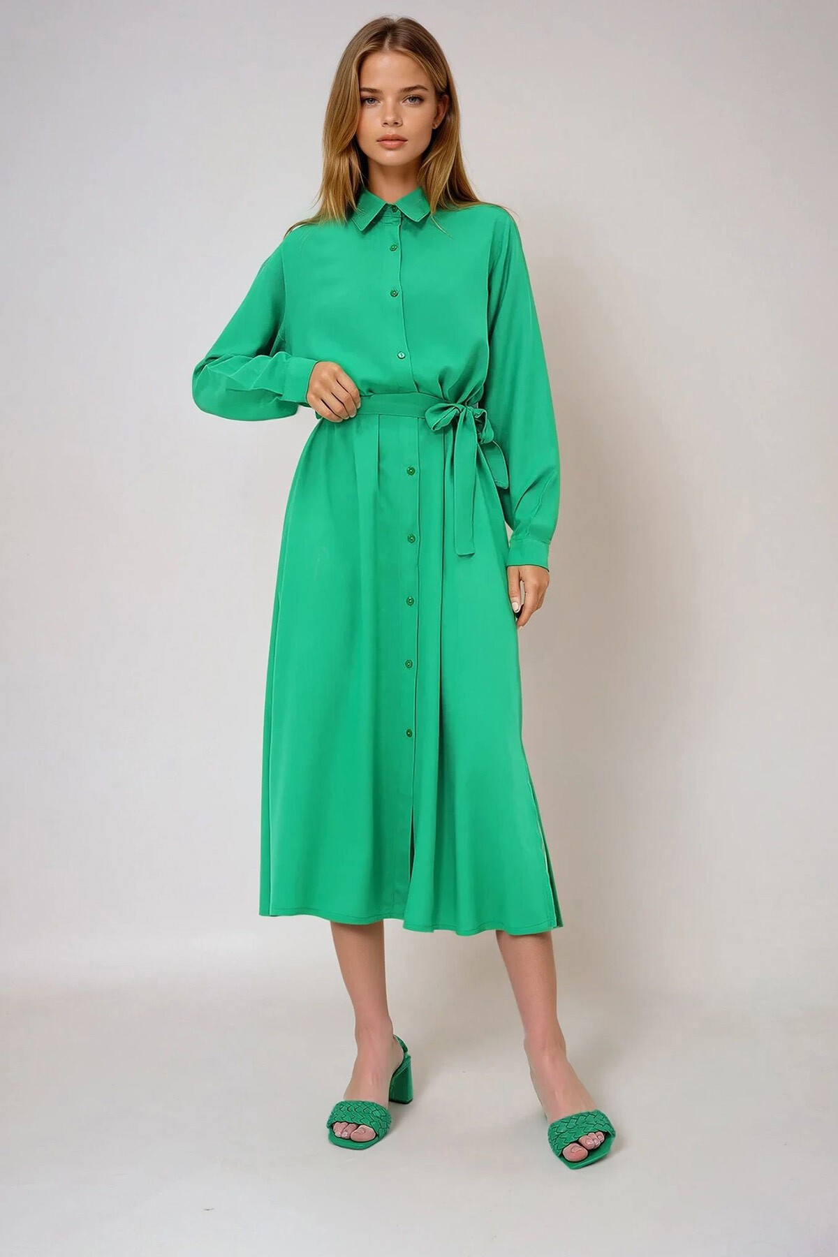 Yeşil Dokuma Viskon Gömlek Elbise