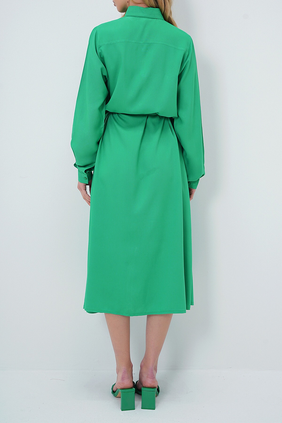 Yeşil Dokuma Viskon Gömlek Elbise