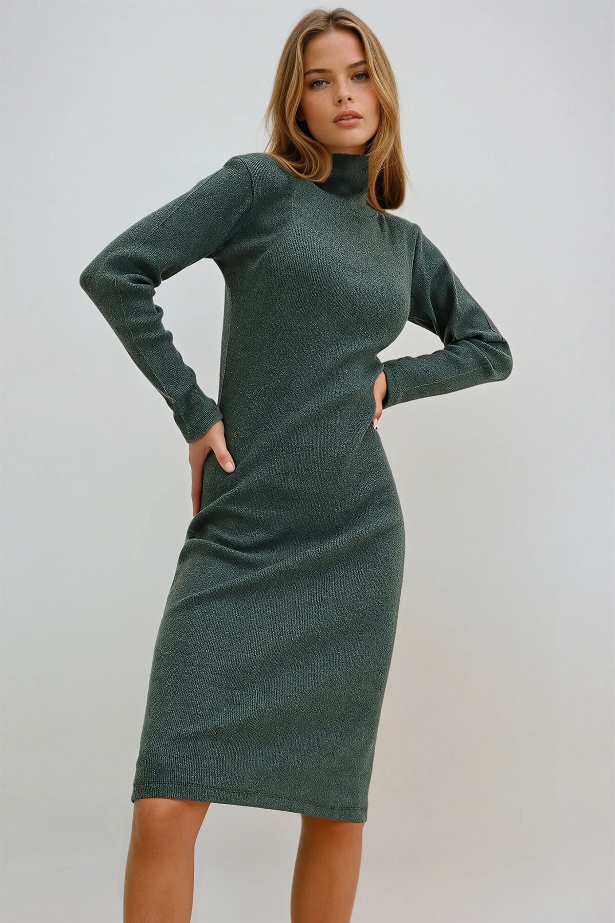 Yeşil Fitilli Bodycon Balıkçı Yaka Örme Elbise