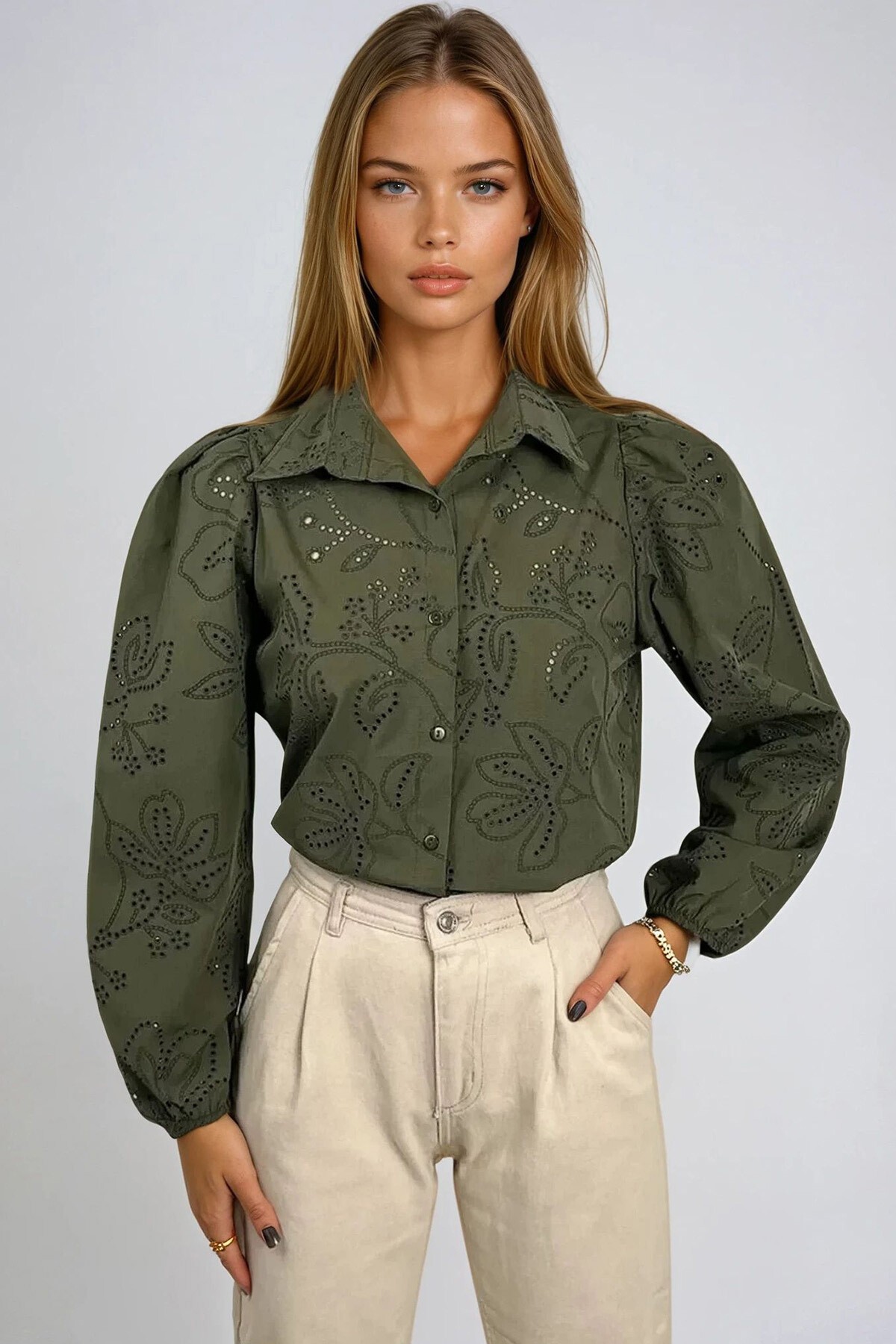 Yeşil Güpür Dokuma Premıum Gömlek