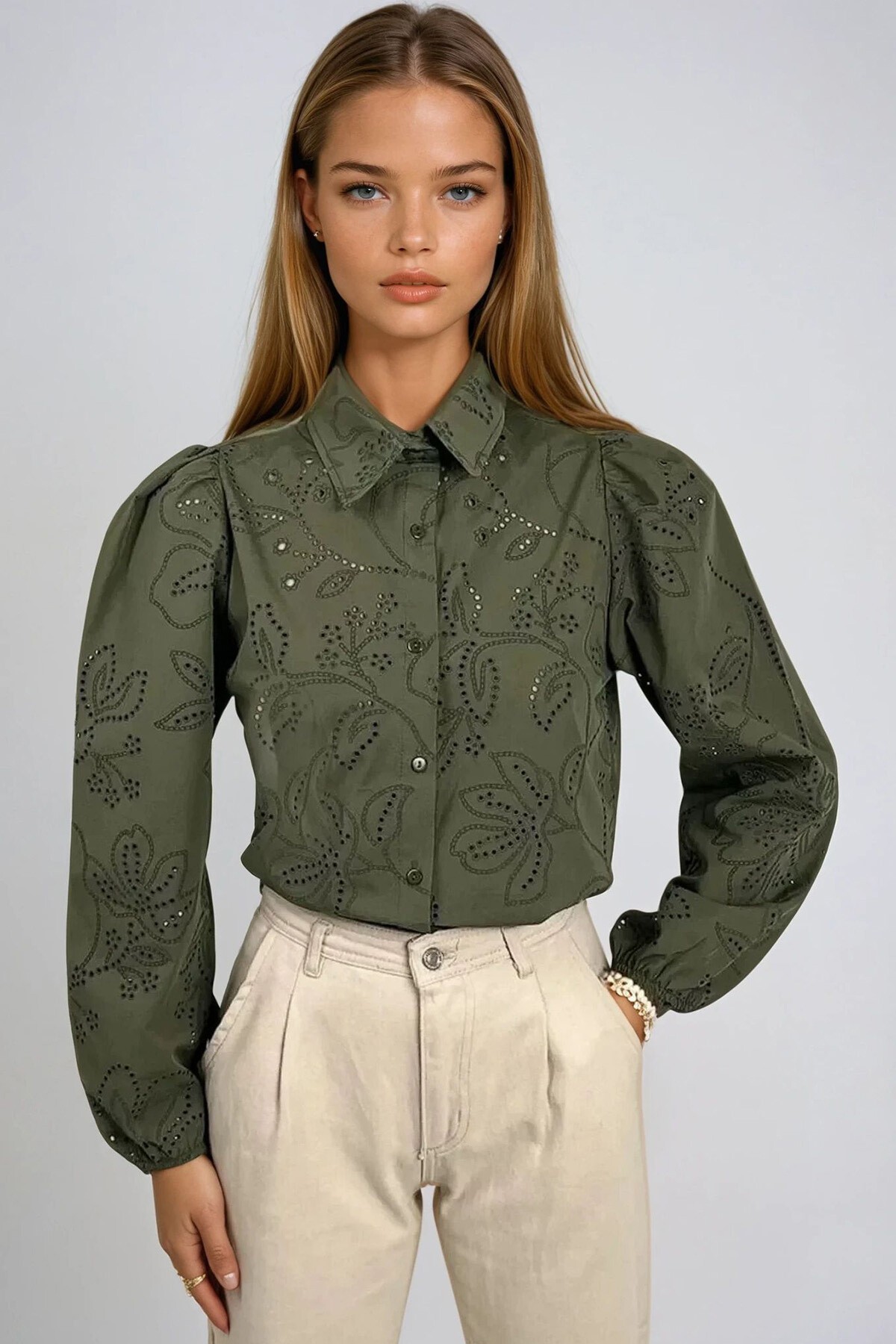 Yeşil Güpür Dokuma Premıum Gömlek