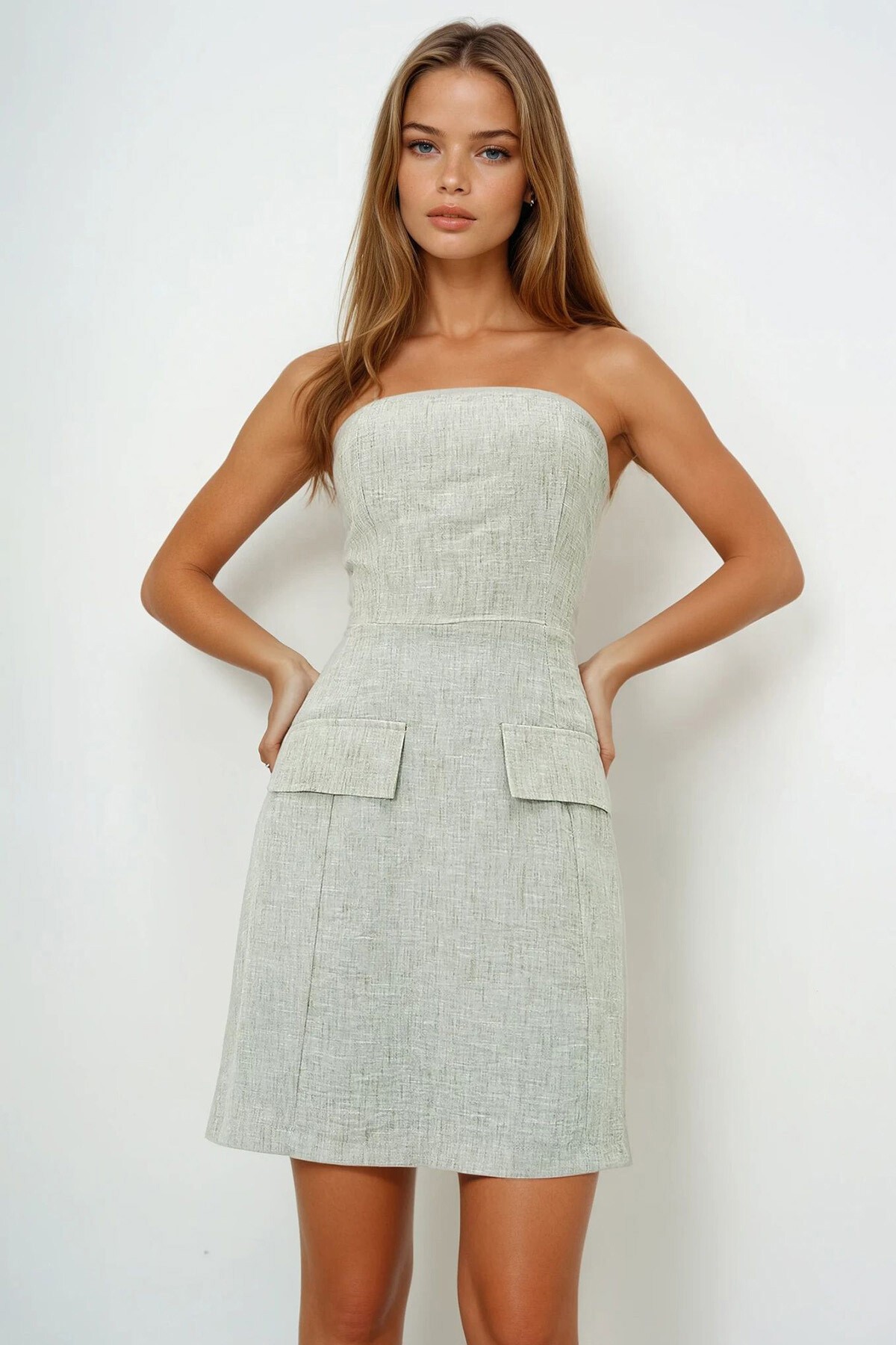 Yeşil İçi Astarlı Gizli Fermuarlı Straplez Pamuk Keten Elbise