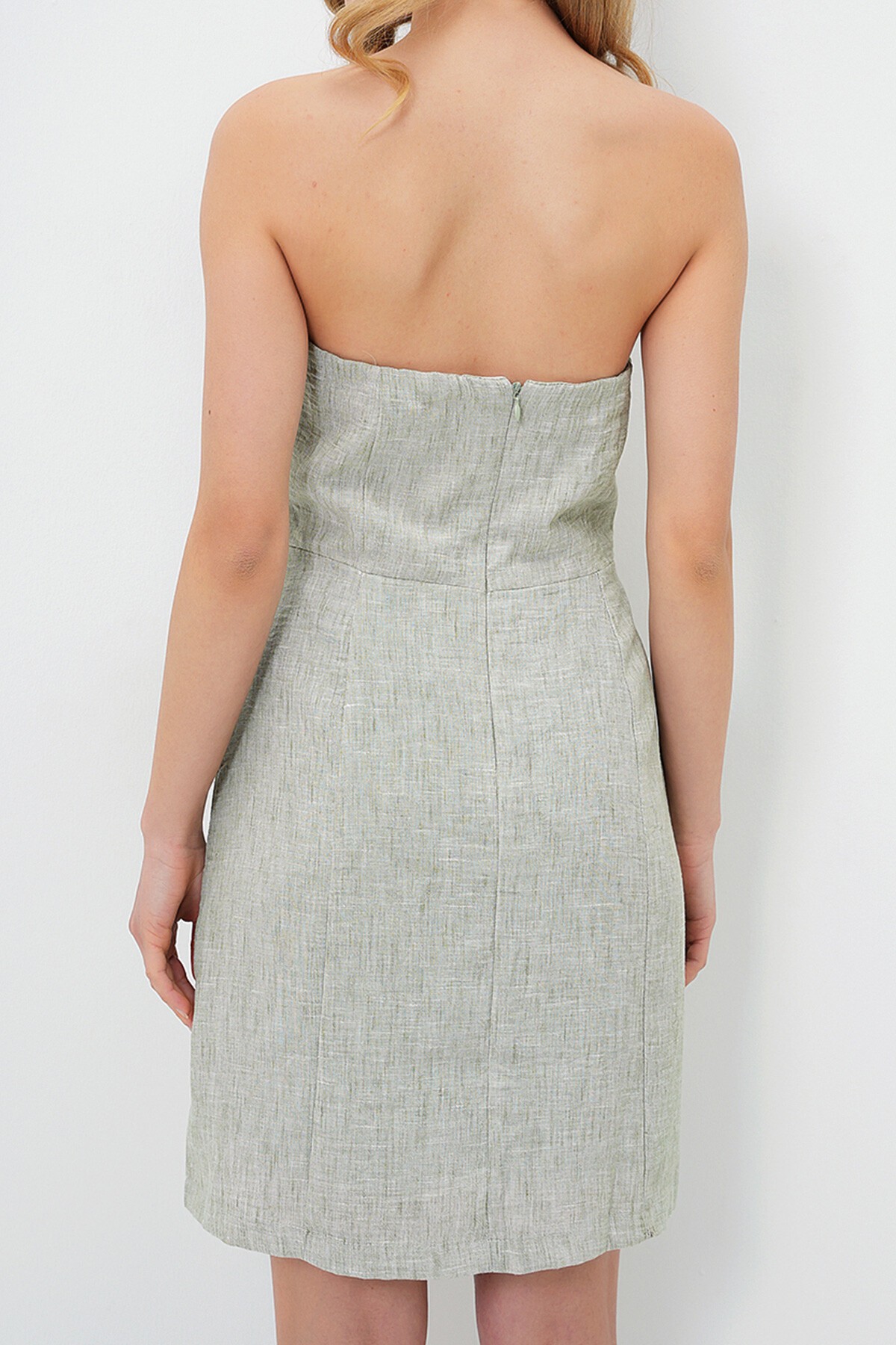 Yeşil İçi Astarlı Gizli Fermuarlı Straplez Pamuk Keten Elbise