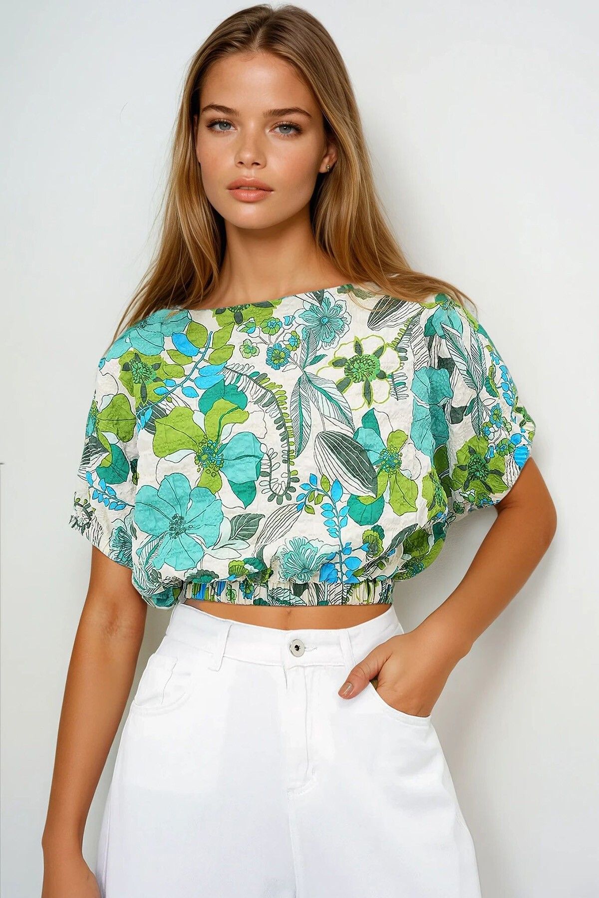 Yeşil Kayık Yaka Çiçek Desenli Dokuma Bürümcük Yazlık Crop Bluz