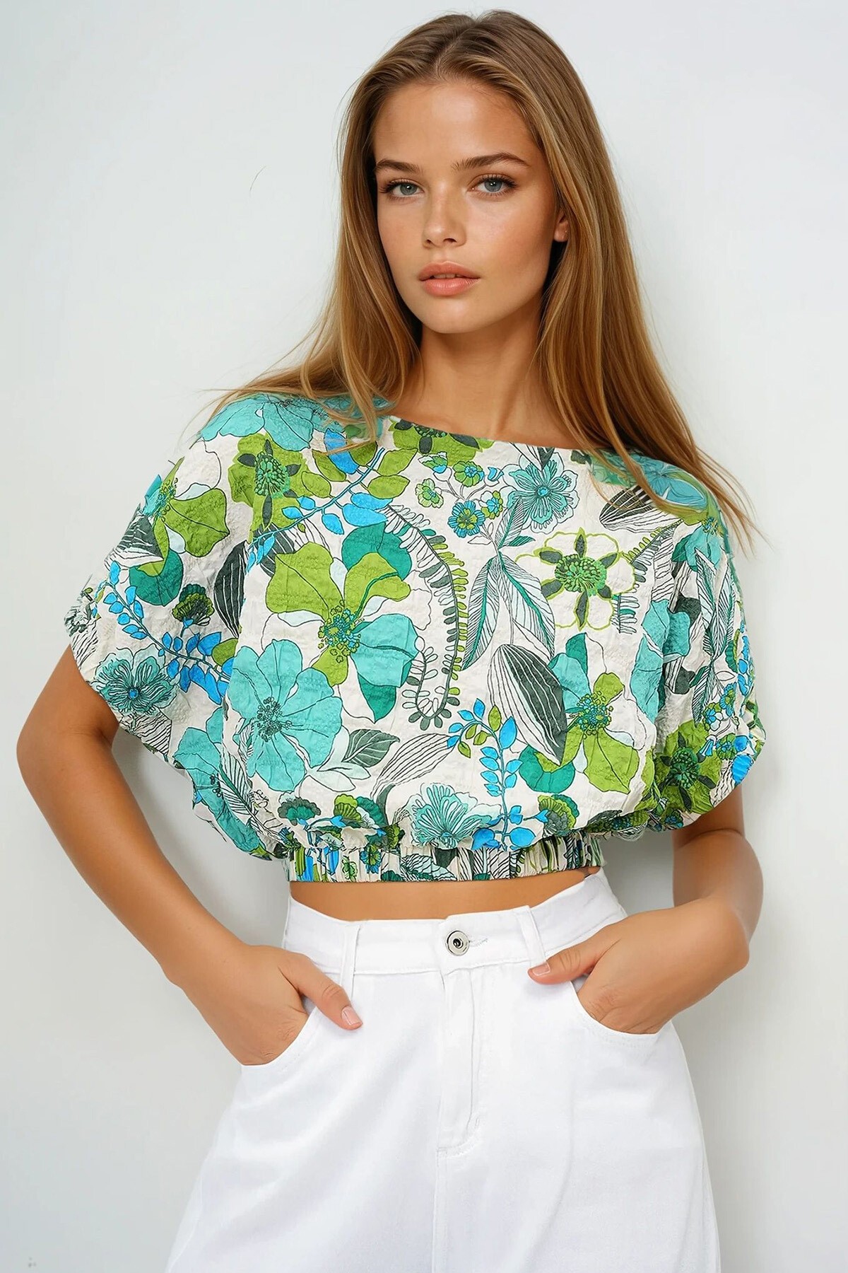 Yeşil Kayık Yaka Çiçek Desenli Dokuma Bürümcük Yazlık Crop Bluz