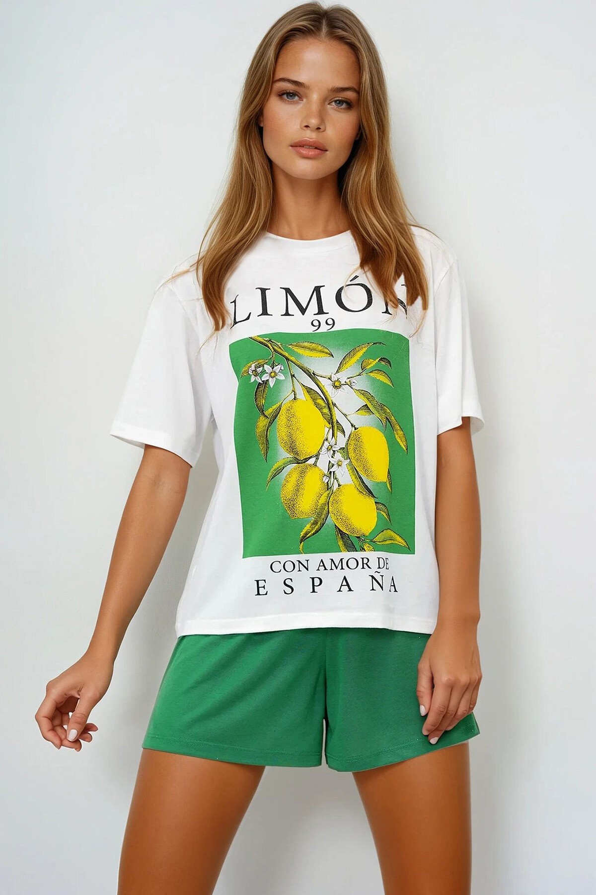 Yeşil Limon Baskılı Pamuklu Basic T Shırt Ve Şortlu Pijama Takımı