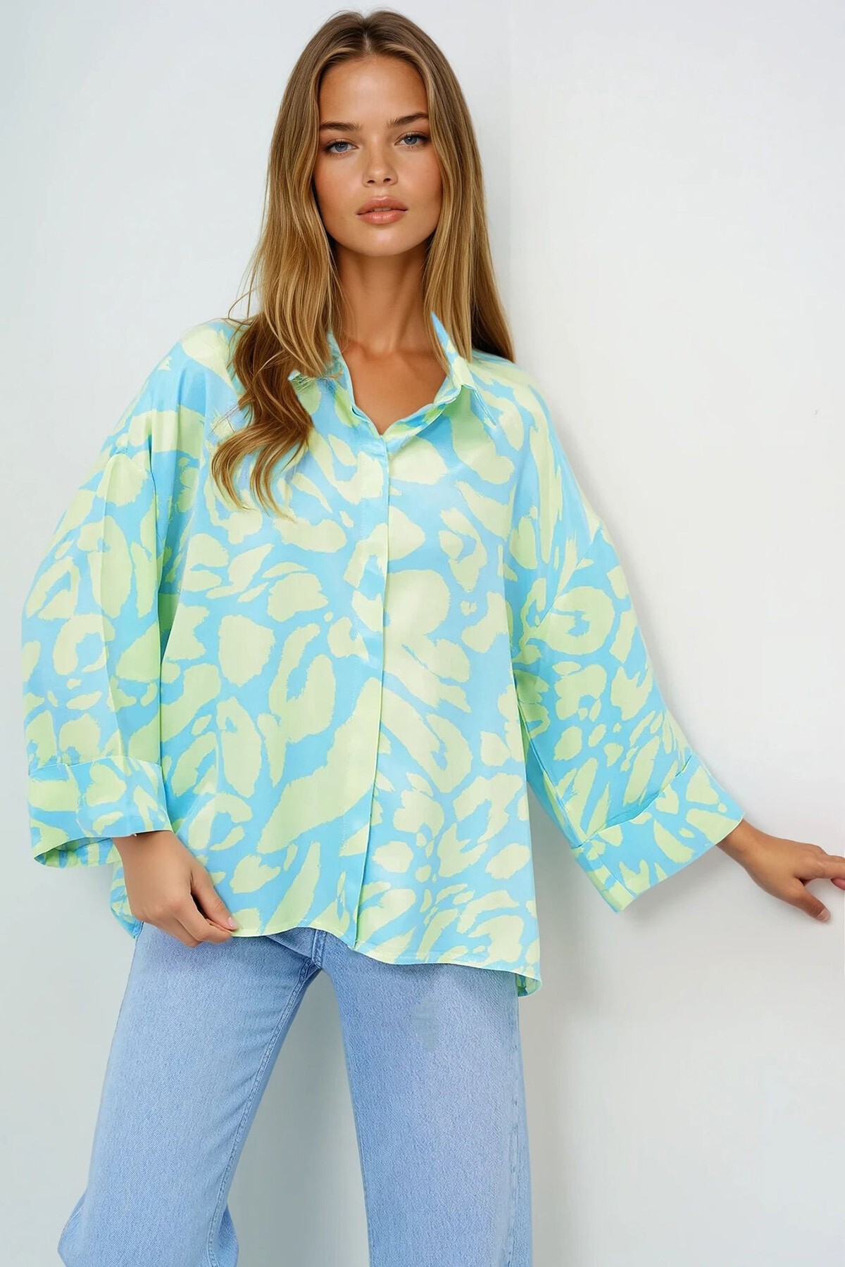 Yeşil Mavi Dijital Baskılı Oversize Double Kol Premium Dokuma Gömlek