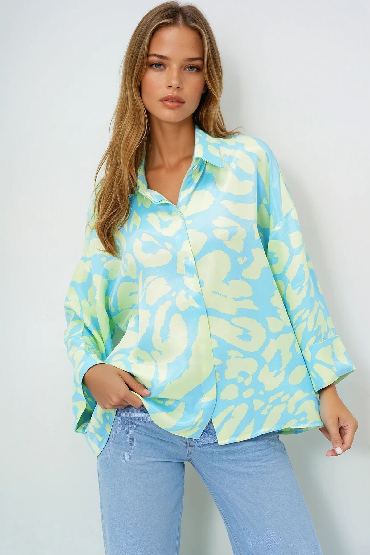 Yeşil Mavi Dijital Baskılı Oversize Double Kol Premium Dokuma Gömlek